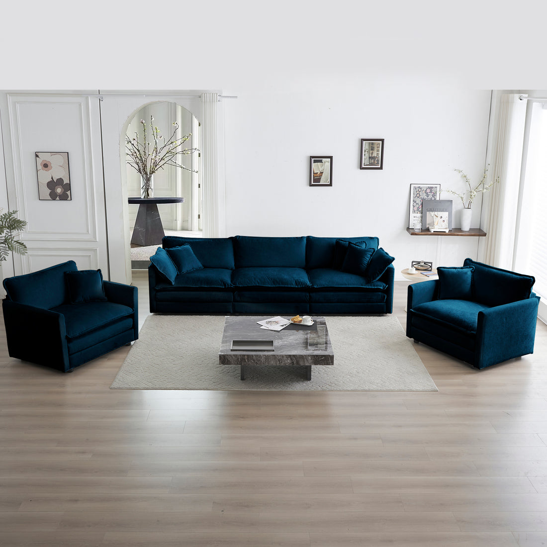 Sofa Set Of 3, 1 1 3 Seats Living Room Sofa Set, Accent Chair, Loveseat, And Three Seat Sofa Modern Style Round Arms 3 Piece Sofa Set, Blue Blue Chenille 5 Seat