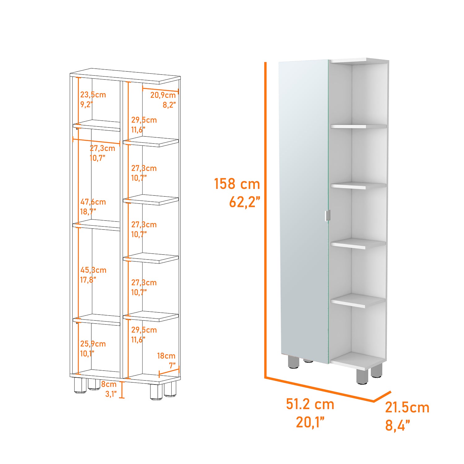 Los Angeles Linen Cabinet, Mirror, Five Shelves White 1 18 To 23 In 60 In & Above Mirror Included Freestanding Modern 5 10 Inches Melamine Engineered Wood