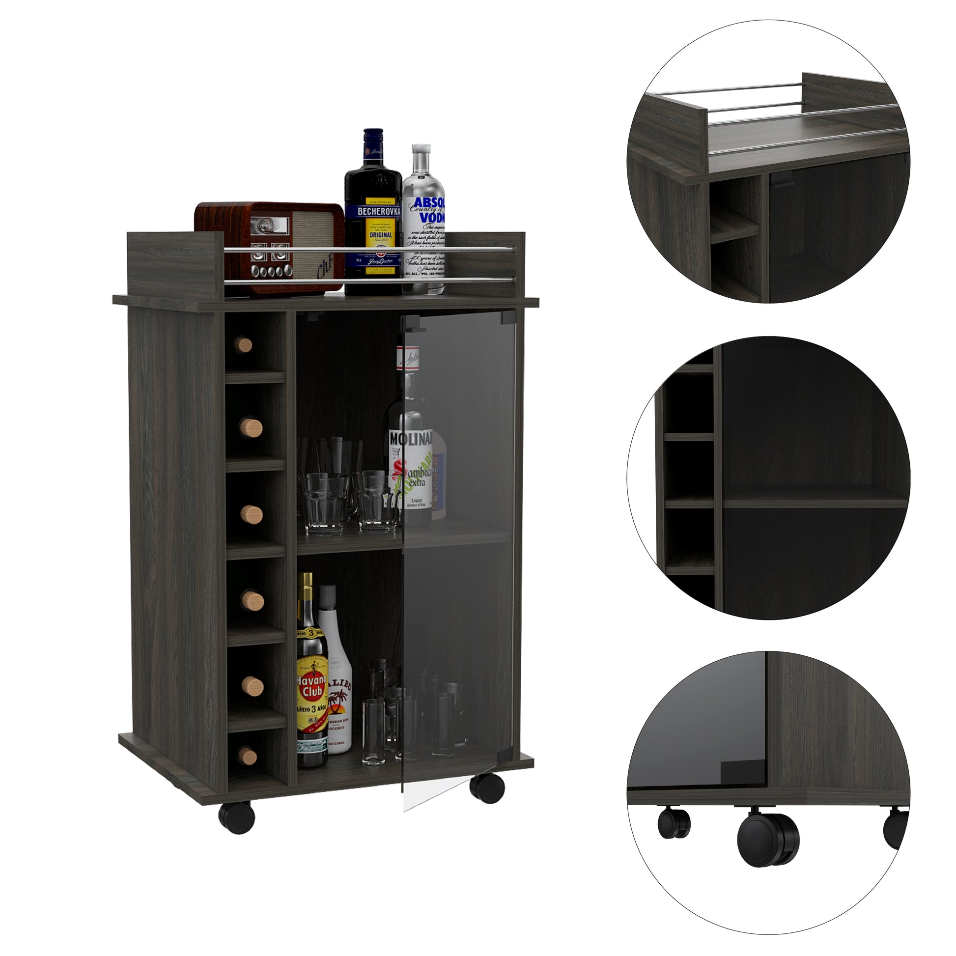 Vegas Bar Cart, Two Tier Cabinet With Glass Door, Six Cubbies For Liquor Gray Gray Primary Living Space Modern Rectangular Stationary Kitchen Islands Pine Particle Board Engineered Wood Medium 40 55In