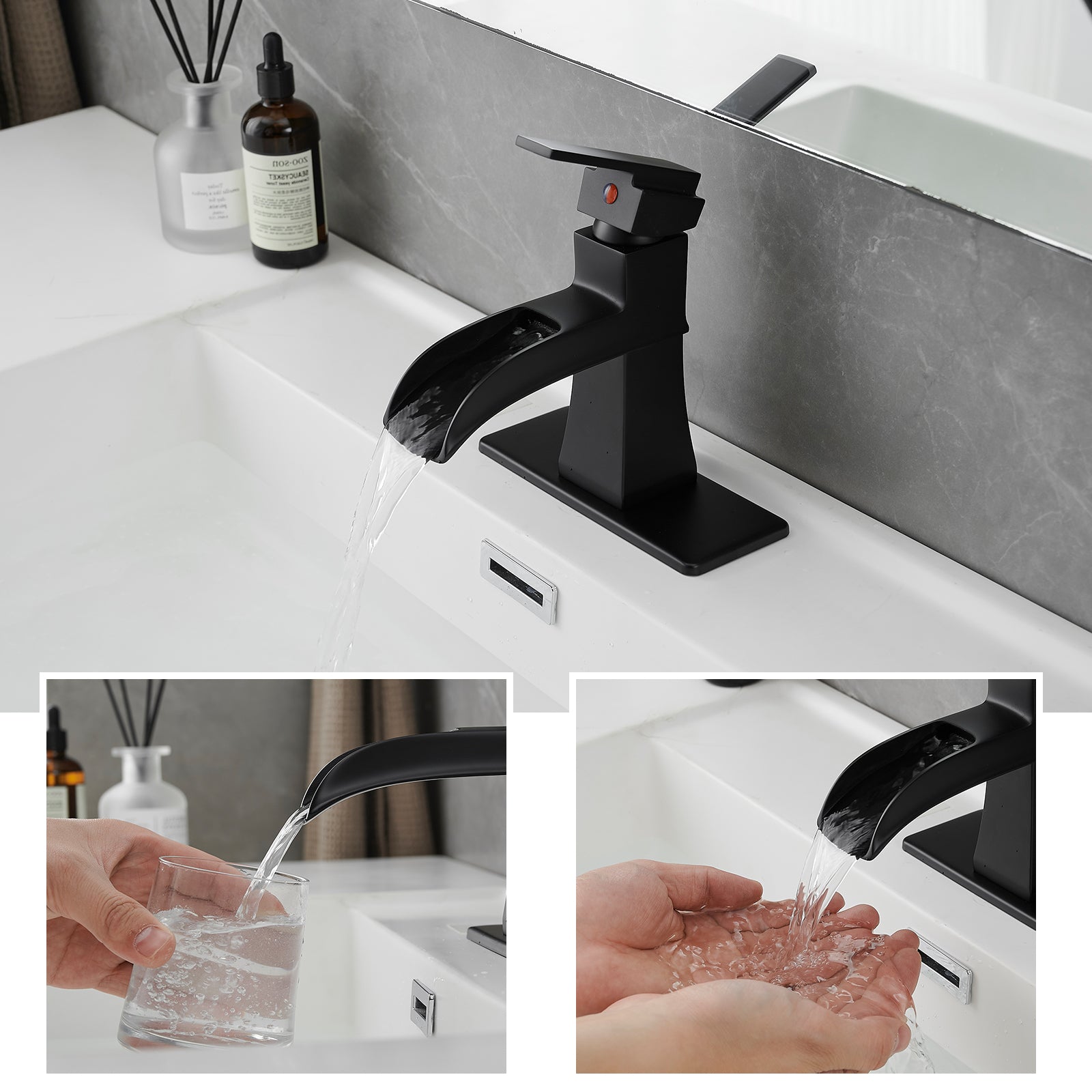 Sink Faucet With Deck Plate Waterfall Black With Pop Up Drain And Supply Lines Bathroom Faucets For Sink 1 Hole One Handle Faucets Vanity Bath Mixer Tap Bathroom Joystick Geometric One Black Side Sprayer Deck Mounted Cartridge Valve Single Hole Faucets