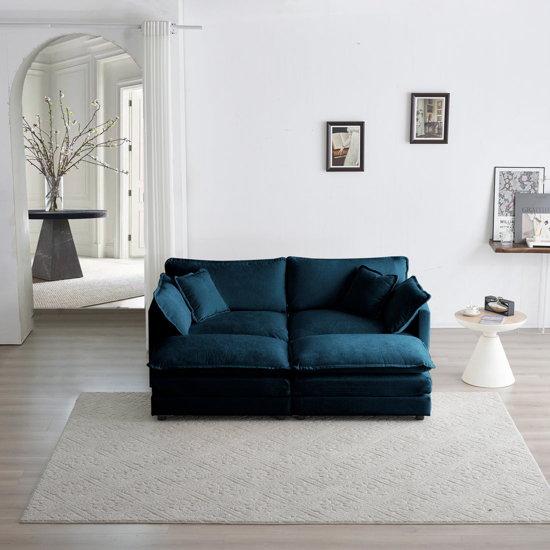 4 Piece Upholstered Sectional Sofa, 1 Piece Of 2 Seater Sofa And 2 Piece Of Ottomans2 Seater Loveseat Lounge With Ottomansblue Chenille Blue Chenille 2 Seat