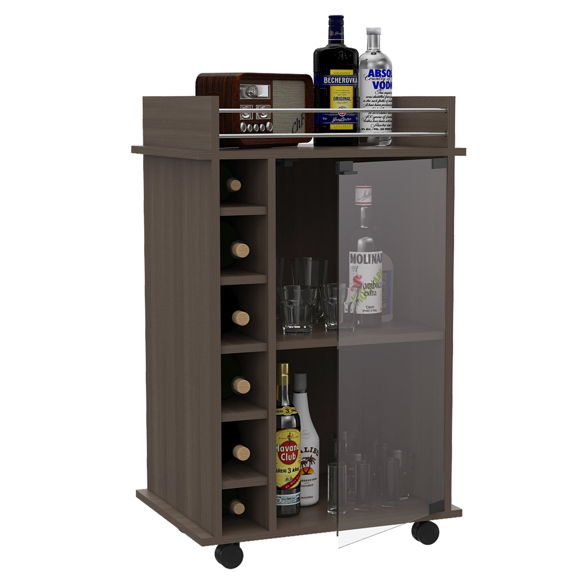 Vegas Bar Cart, Two Tier Cabinet With Glass Door, Six Cubbies For Liquor Smoke Particle Board Engineered Wood