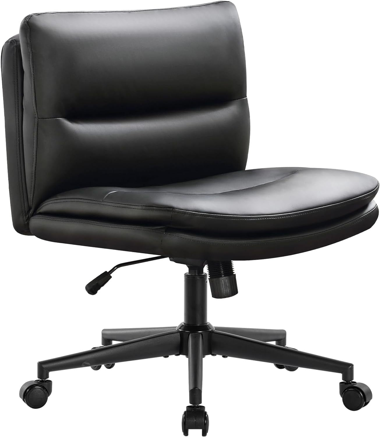 Office Chair Armless Desk Chair With Wheels, Pu Padded Wide Seat Home Office Chairs, 120 Rocking Mid Back Cute Computer Chair For Bedroom, Vanity, Makeup Wood Black Cotton Office Chairs Handle Pu