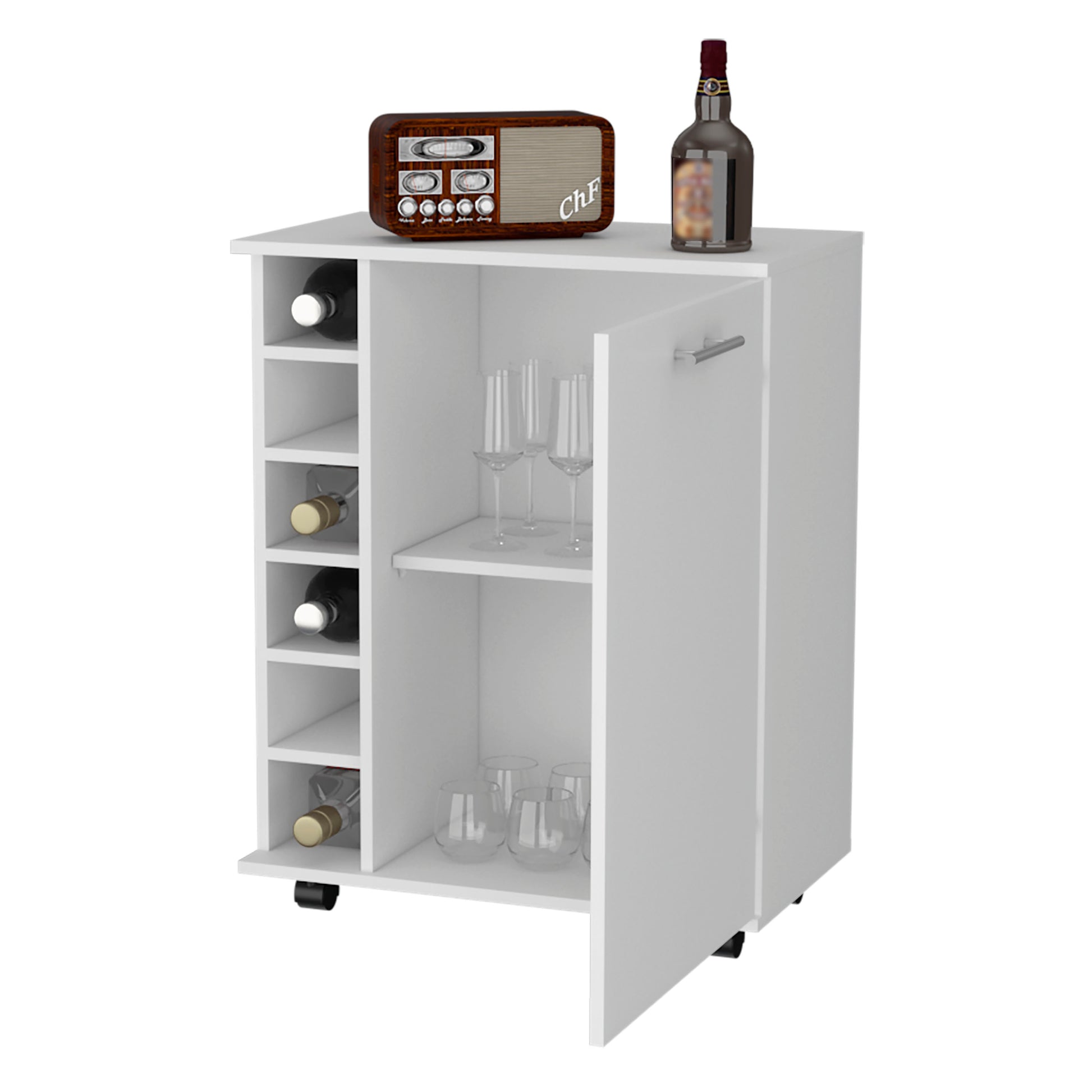 Rawlins Bar Cart With 6 Bottle Rack, Storage Cabine And Mobile Caster Wheels 5 Or More Spaces White Primary Living Space Wood Shelves Modern Pine Particle Board Engineered Wood