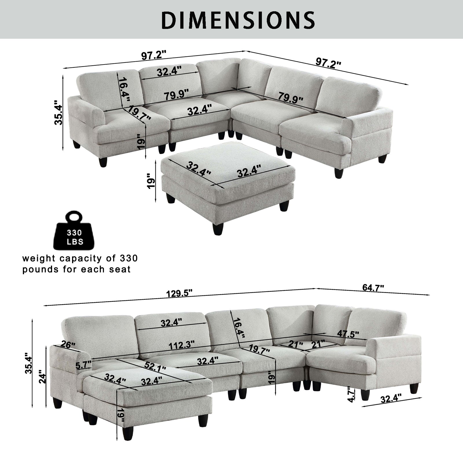 Modular Sofa, Sectional Couch U Shaped Sofa Couch With Ottoman, 6 Seat Chenille Corner Sofa For Living Room, Light Gray Light Gray Chenille Cushion Back Foam Plywood 6 Seat