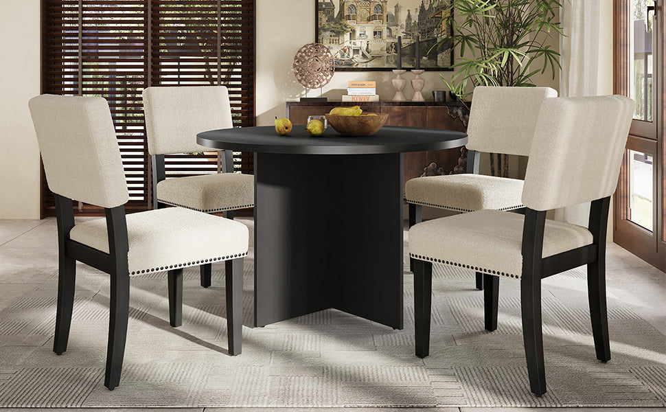 Modern 5 Piece Round Dining Table Set Pedestal Kitchen Table Set With 4 Upholstered Dining Chairs For Studio, Apartment, Small Places, Black Wood Dining Room Solid Wood Rubberwood Round Dining Table With Chair Wood Wood Black Solid Back Seats 4 Farmhouse