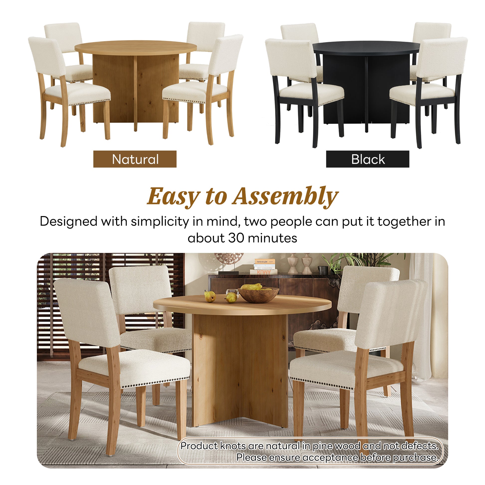 Modern 5 Piece Round Dining Table Set Pedestal Kitchen Table Set With 4 Upholstered Dining Chairs For Studio, Apartment, Small Places, Natural Wood Dining Room Solid Wood Rubberwood Round Dining Table With Chair Wood Wood Natural Solid Back Seats 4