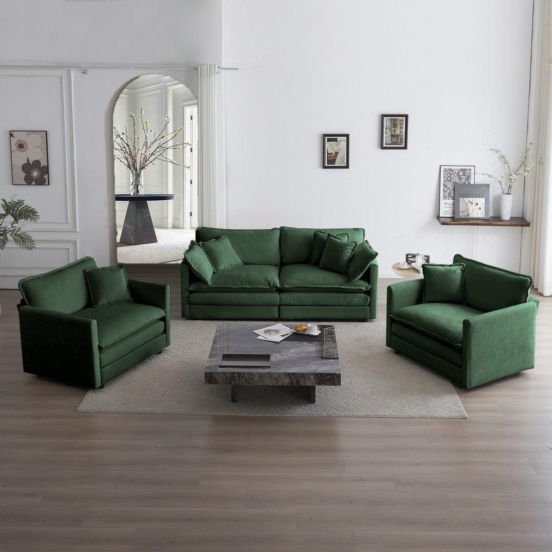 3 Piece Sofa Set With Arm Pillows And Toss Pillowssofa Set Include 2 Piece Of Arm Chair And One 2 Seat Sofa, Space Saving Casual Sofa Set For Living Room, Green Chenille Green Chenille 4 Seat