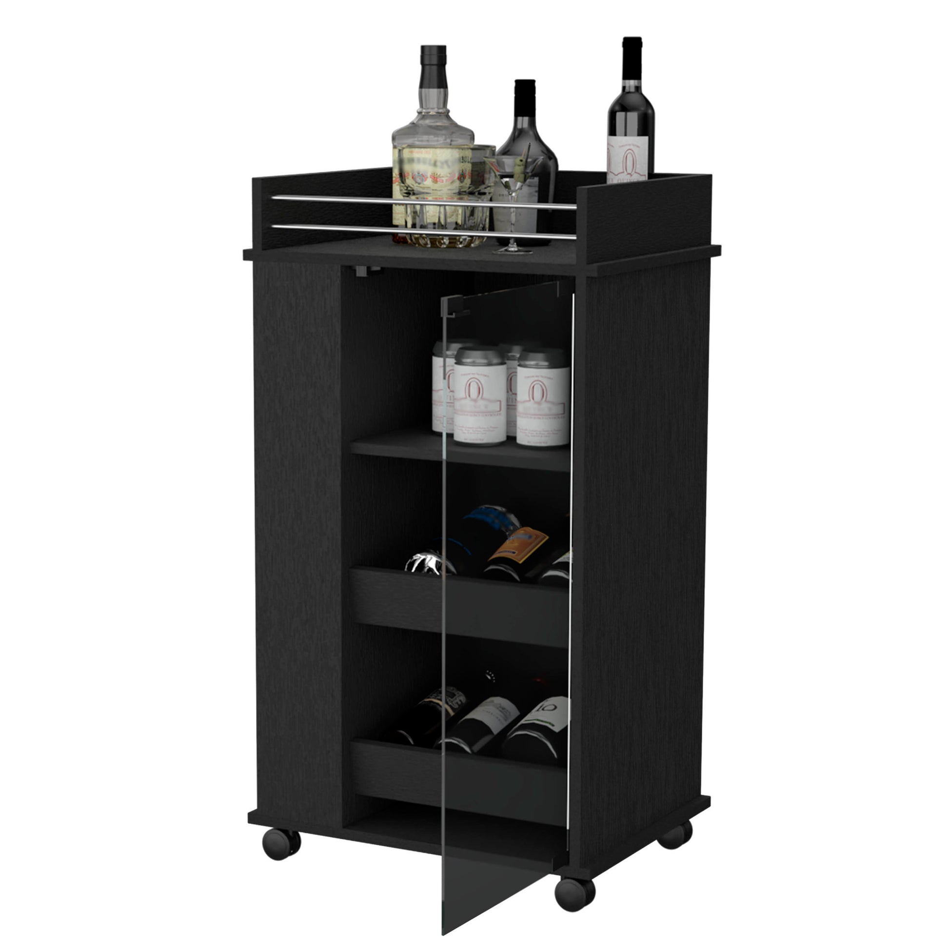 Lusk Bar Cart With 2 Bottle Holder Shelf, Glass
