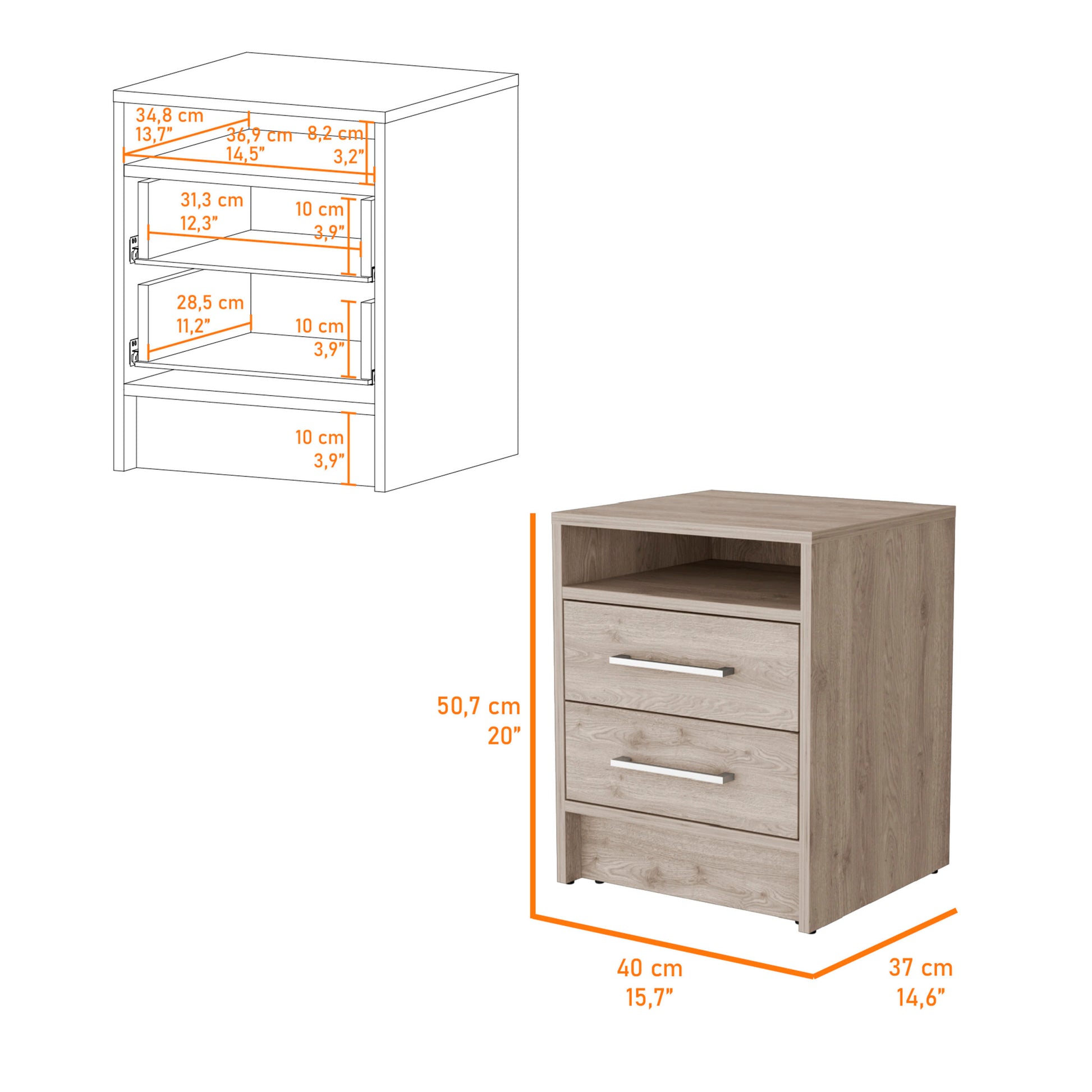 Philadelphia Nightstand, Two Drawers, Concealed Shelf Beige Mdf Engineered Wood