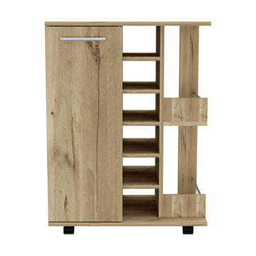 Tennessee Bar Cart, One Cabinet With Division, Six Cubbies For Liquor, Two Shelves Mobile Carts Light Oak Primary Living Space Open Storage Space Modern Pine Particle Board Engineered Wood