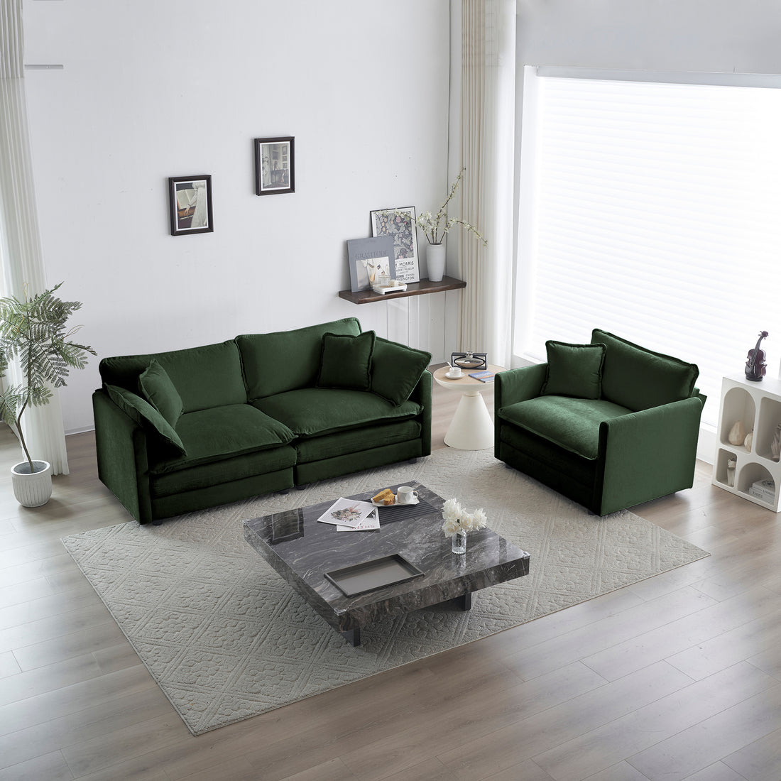 2 Seater Loveseat And Chair Set, 2 Piece Sofa & Chair Set, Loveseat And Accent Chair2 Piece Upholstered Chenille Sofa Living Room Couch Furniture 1 2 Seat ,Green Chenille Green Chenille 3 Seat