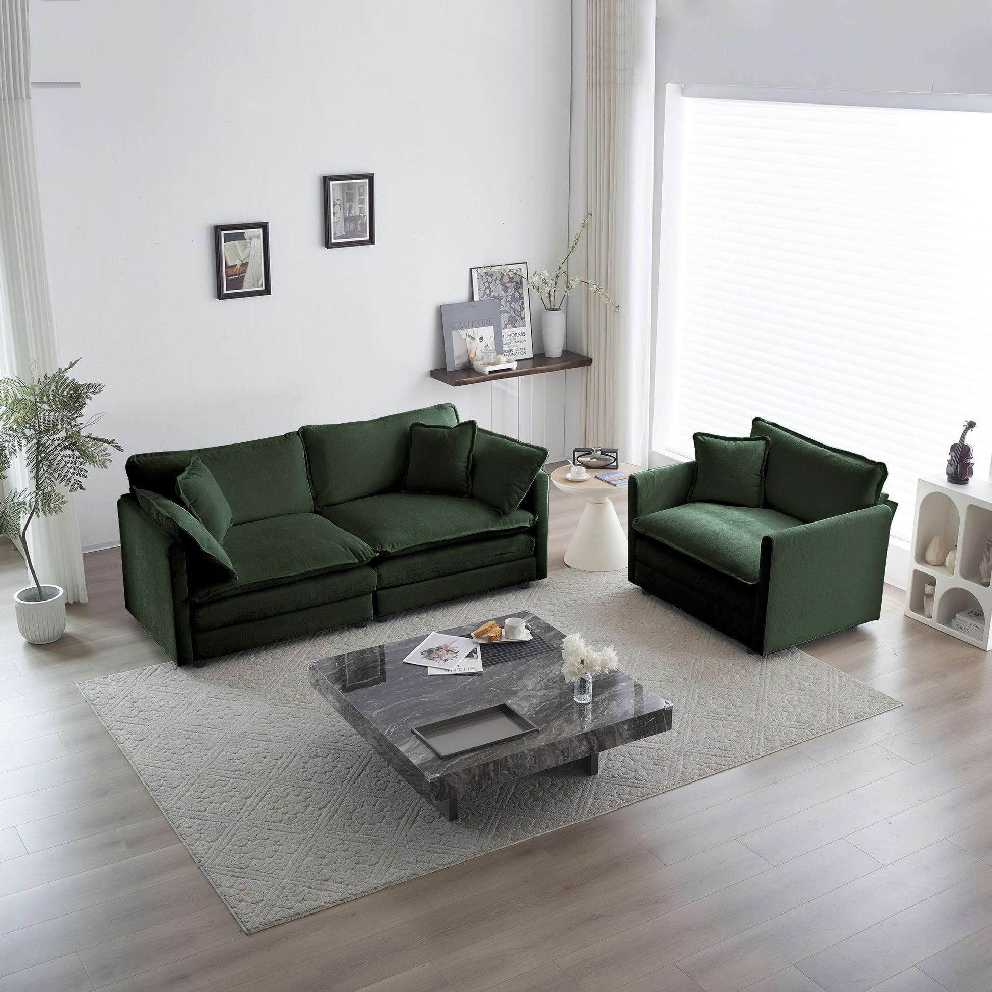 3 Piece Sofa Set With Arm Pillows And Toss Pillowssofa Set Include 2 Piece Of Arm Chair And One 2 Seat Sofa, Space Saving Casual Sofa Set For Living Room, Green Chenille Green Chenille 4 Seat