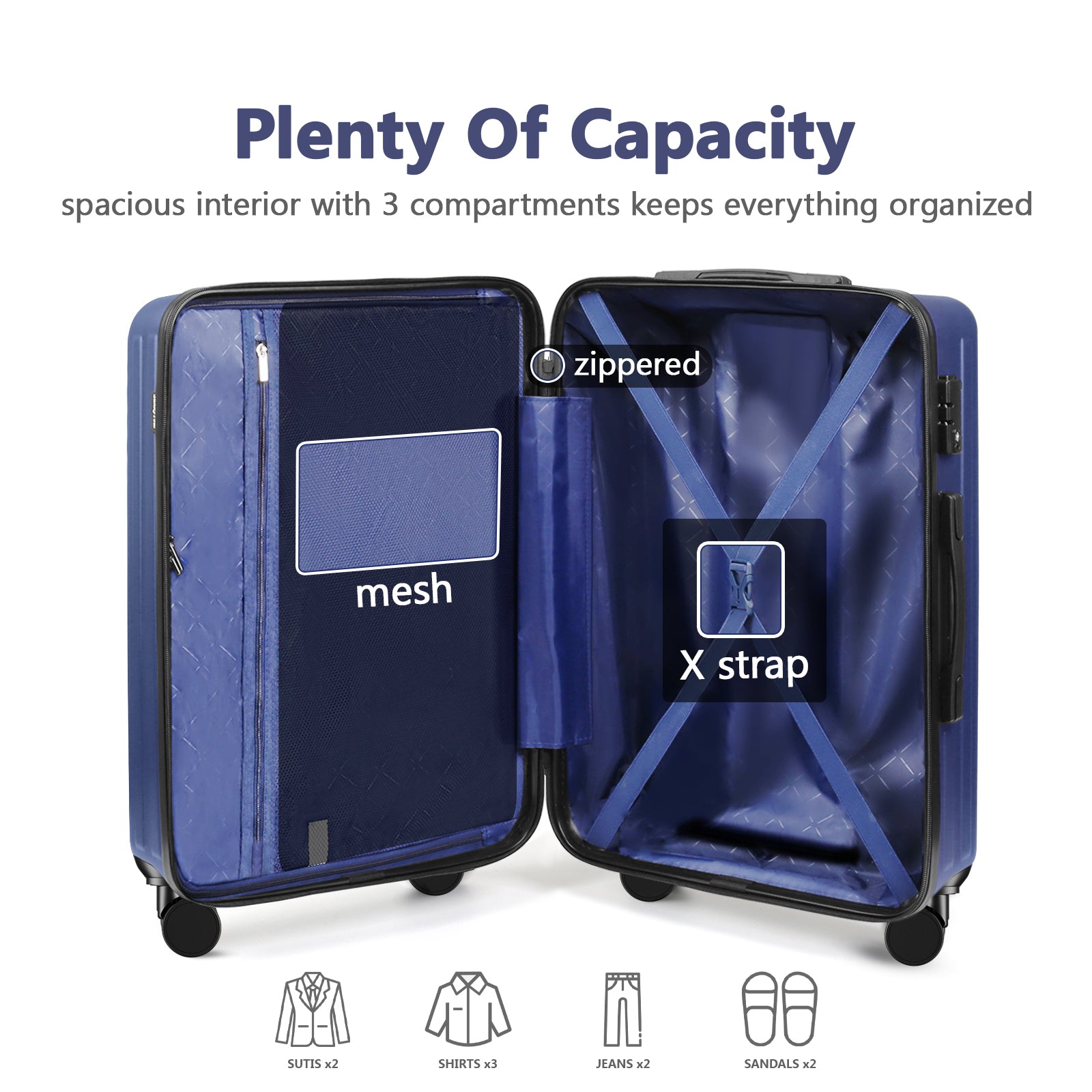 3 Piece Luggage Set With 360 Spinner Wheels Suitcases With Hard Sided Lightweight Abs Material Dark Blue Abs