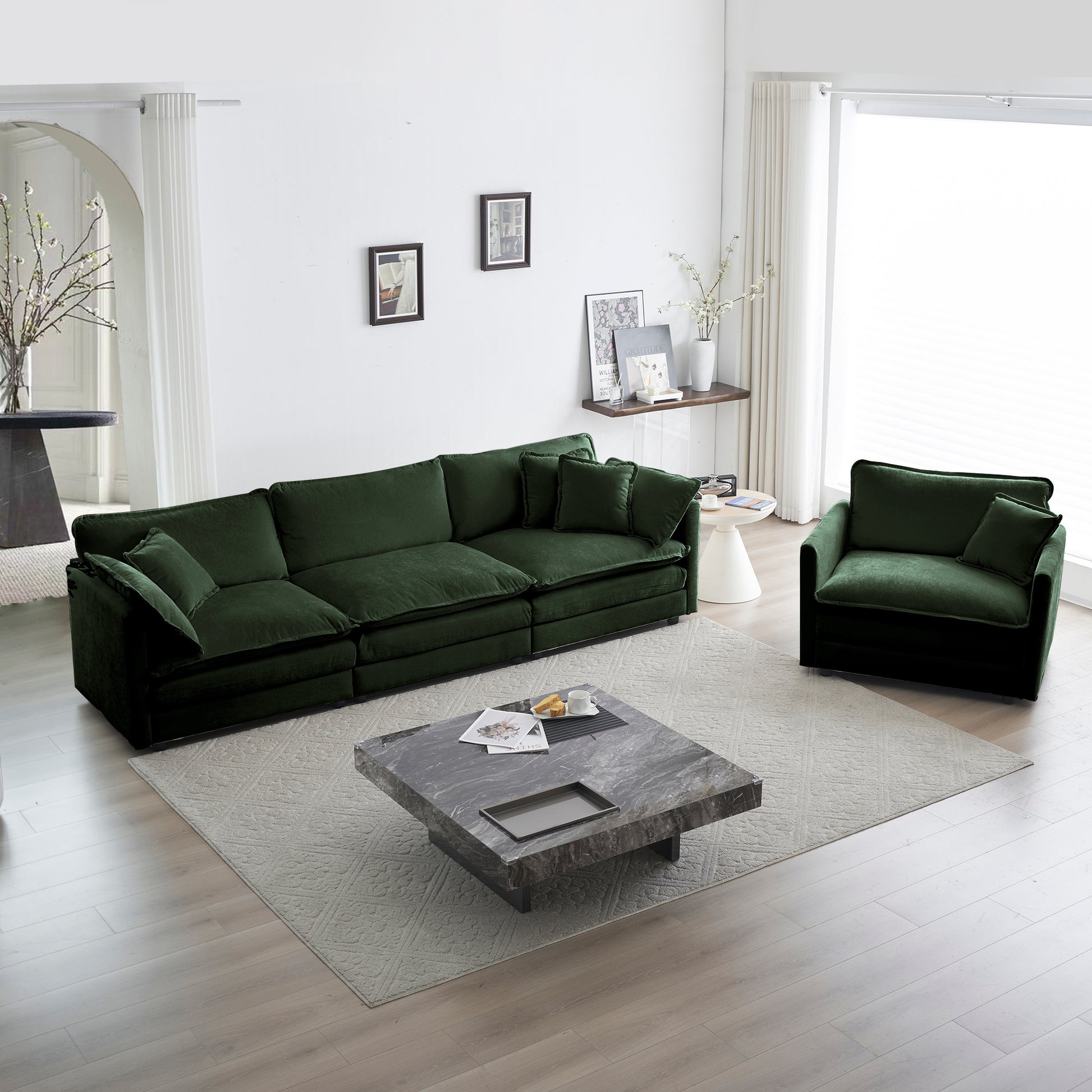 2 Piece Upholstered Sofa, Living Room Sectional Sofa Set Modern Sofa Couches Setdeep Seat Sofa For Living Room Apartment, 1 3 Seat Green Chenille Green Chenille 4 Seat