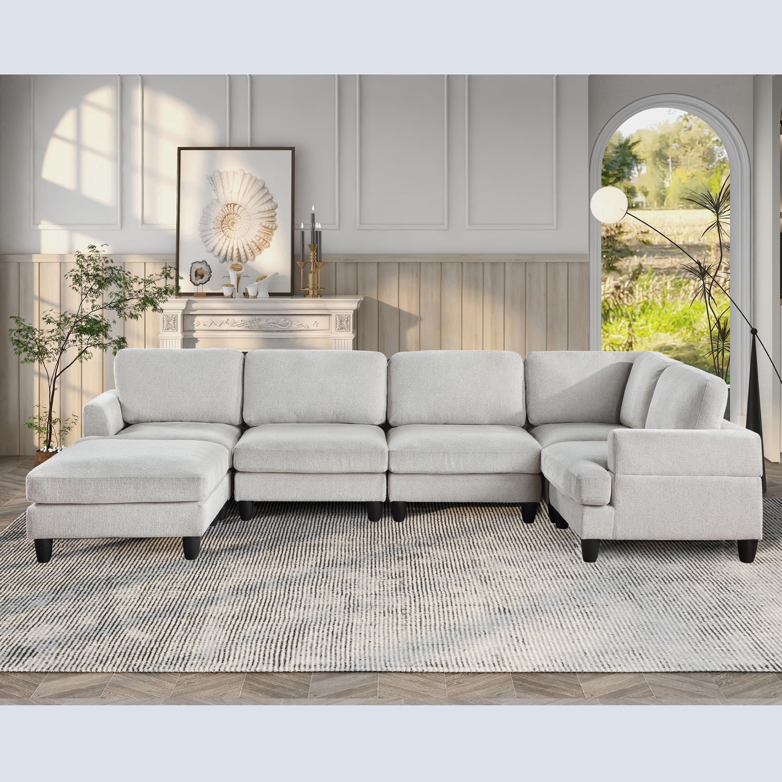 Modular Sofa, Sectional Couch U Shaped Sofa Couch With Ottoman, 6 Seat Chenille Corner Sofa For Living Room, Light Gray Light Gray Chenille Cushion Back Foam Plywood 6 Seat