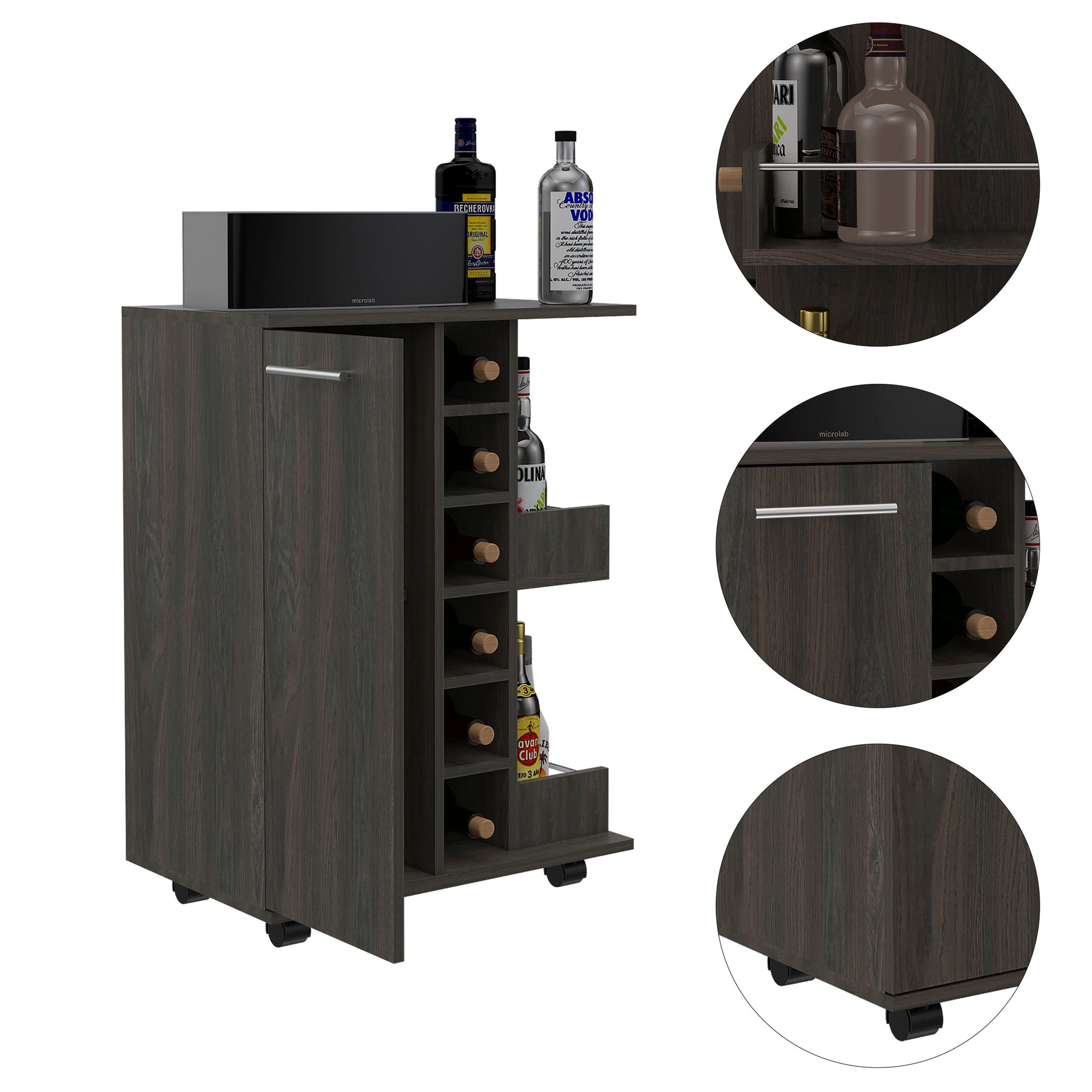 Tennessee Bar Cart, One Cabinet With Division, Six mobile carts-5 or more spaces-gray-gray-primary