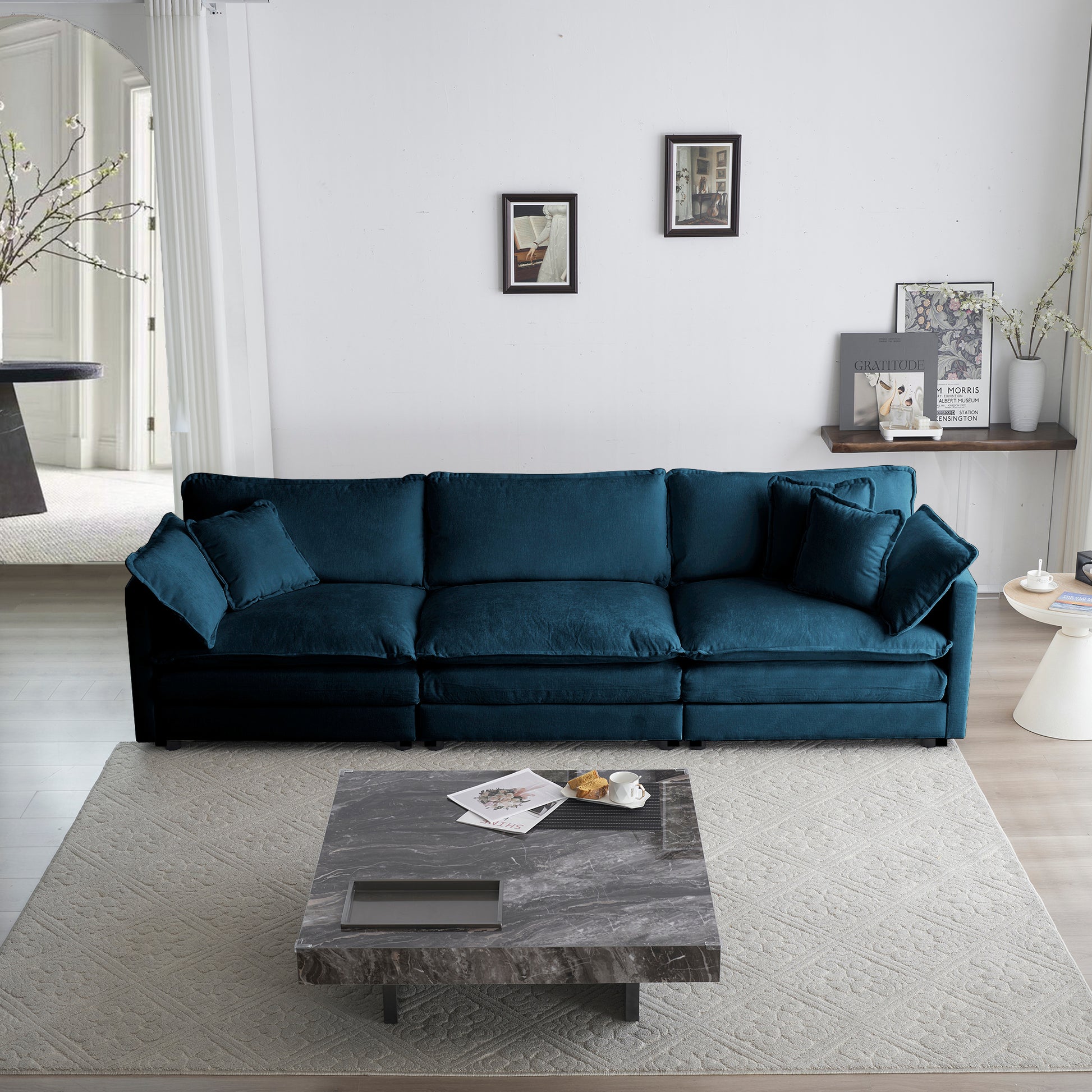 Sofa Set Of 3, 1 1 3 Seats Living Room Sofa Set, Accent Chair, Loveseat, And Three Seat Sofa Modern Style Round Arms 3 Piece Sofa Set, Blue Blue Chenille 5 Seat