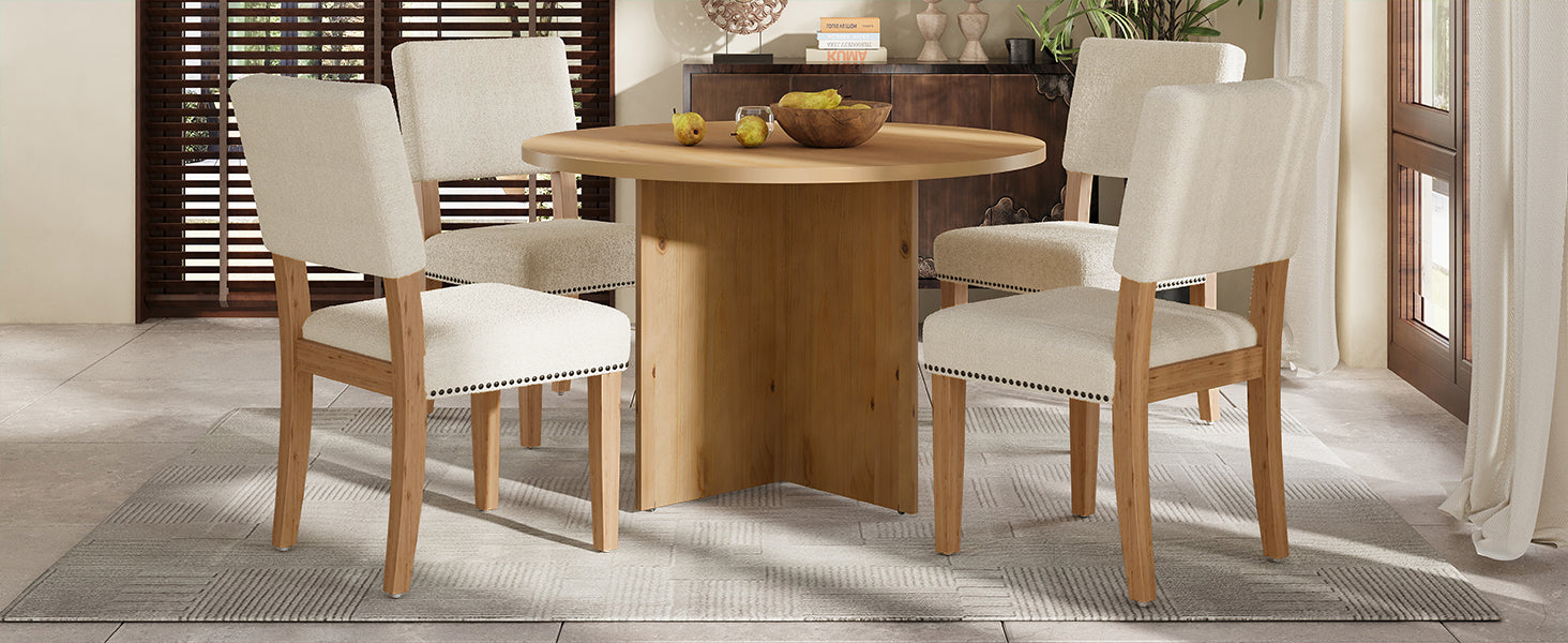 Modern 5 Piece Round Dining Table Set Pedestal Kitchen Table Set With 4 Upholstered Dining Chairs For Studio, Apartment, Small Places, Natural Wood Dining Room Solid Wood Rubberwood Round Dining Table With Chair Wood Wood Natural Solid Back Seats 4