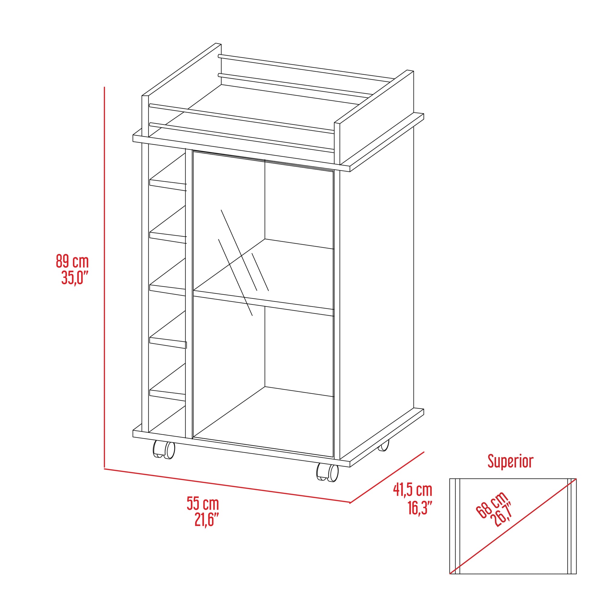 Vegas Bar Cart, Two Tier Cabinet With Glass Door, Six Cubbies For Liquor Smoke Particle Board Engineered Wood