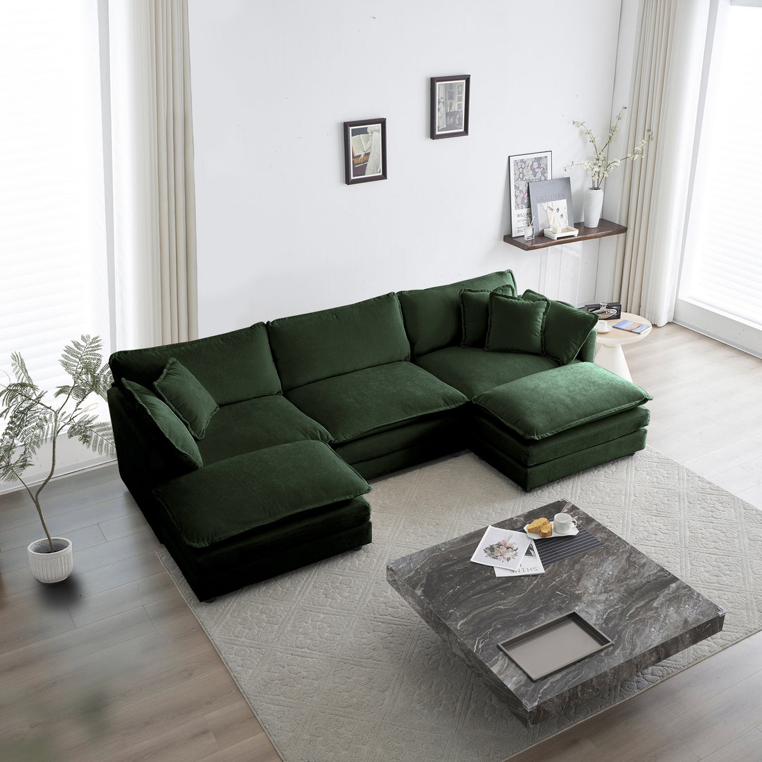 U Shaped Sectional Sofa W Reversible Footrest, 5 Seater Convertible Corner Couch With 2 Ottomans ,Modern Minimalist Soft Sofa & Couch For Living Roomgreen Chenille Green Chenille 3 Seat