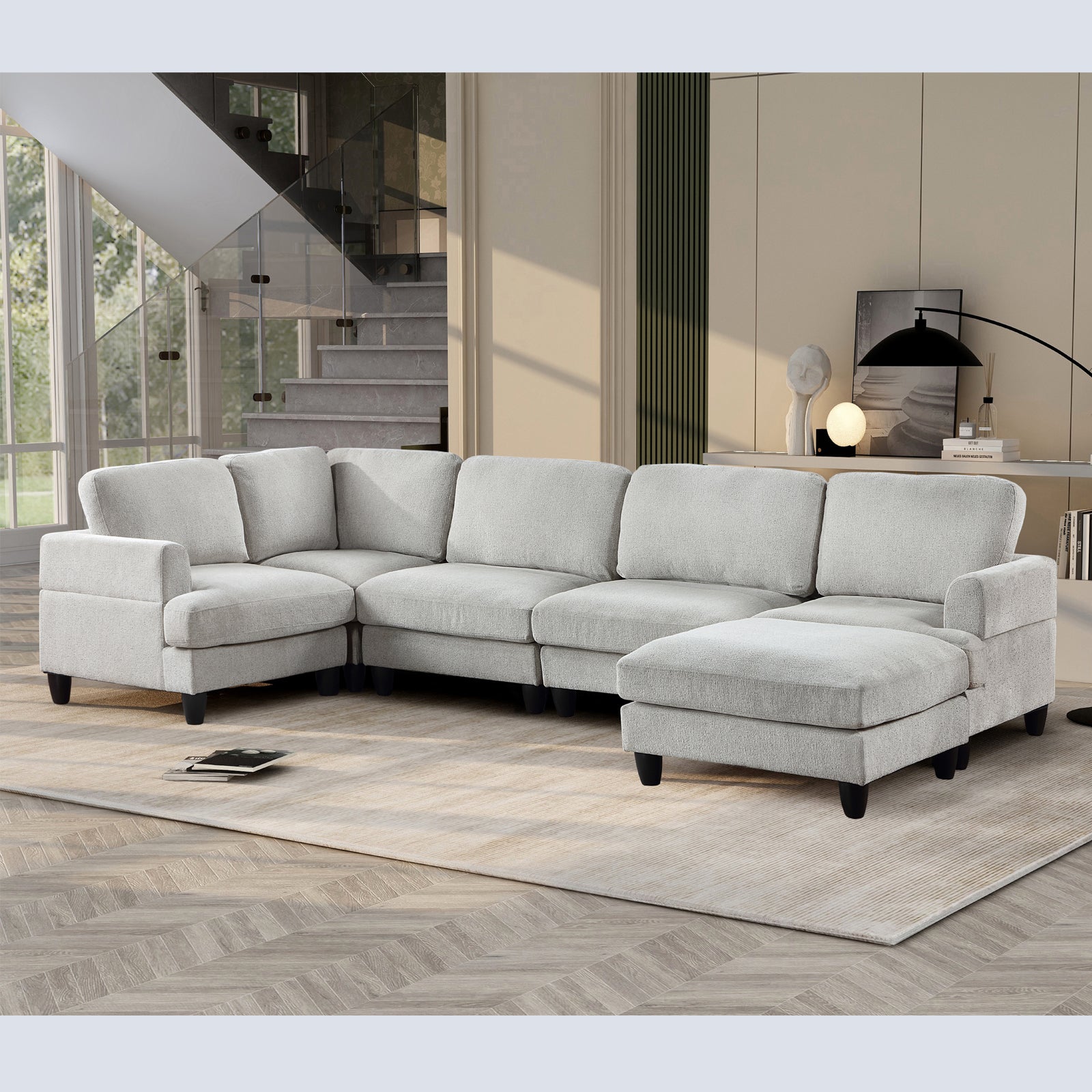 Modular Sofa, Sectional Couch U Shaped Sofa Couch With Ottoman, 6 Seat Chenille Corner Sofa For Living Room, Light Gray Light Gray Chenille Cushion Back Foam Plywood 6 Seat