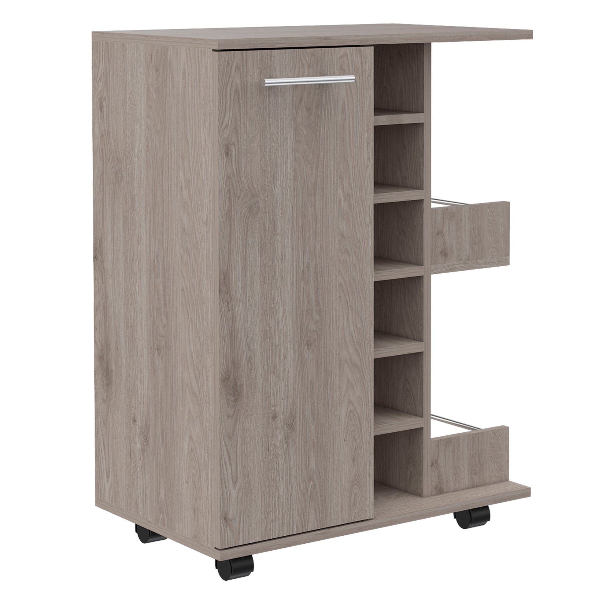 Tennessee Bar Cart, One Cabinet With Division, Six Cubbies For Liquor, Two Shelves 5 Or More Spaces Light Gray Primary Living Space Open Storage Space Modern Pine Particle Board Engineered Wood