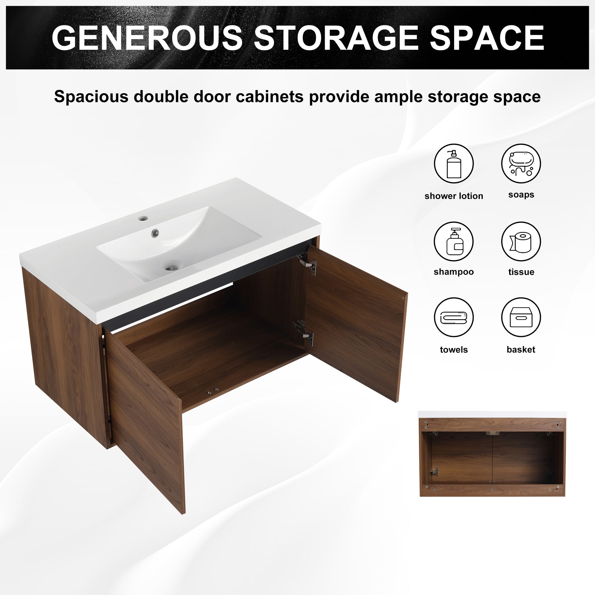 Brown 36 Inch Bathroom Vanity With Resin Countertop Sink, 2 Doors Bathroom Cabinet Set Brown Bathroom American Design Engineered Wood