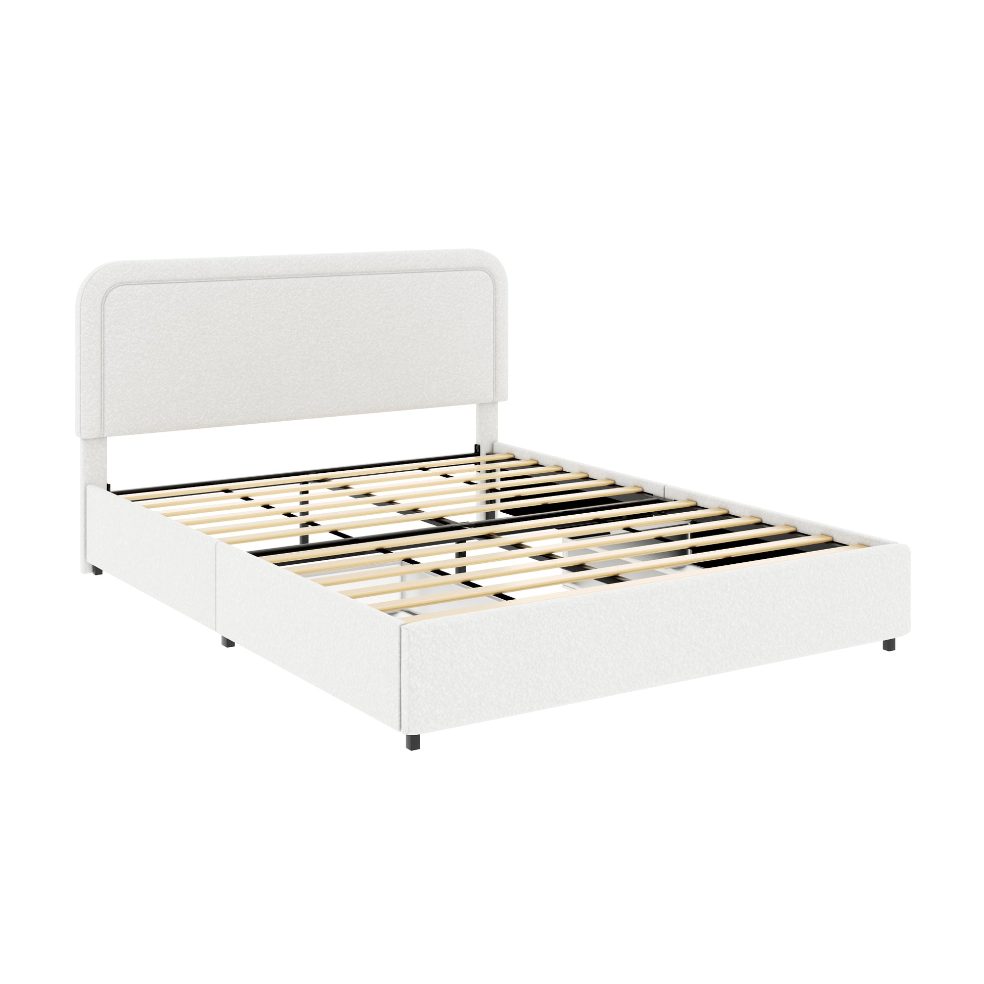 Liv Patented 2 Drawers Storage Bed Queen Size Ivory Boucle Upholstered Platform Bed, Curved Stitched Tufted Headboard, Wooden Slat Mattress Support, No Box Spring Needed Box Spring Not Required