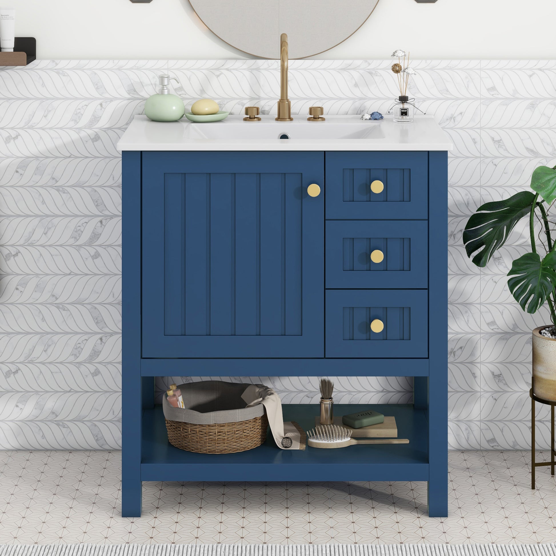 30Inch Transitional Style Bathroom Vanity Cabinet Combo With Ceramic Sink Blue Bathroom Solid Wood Mdf