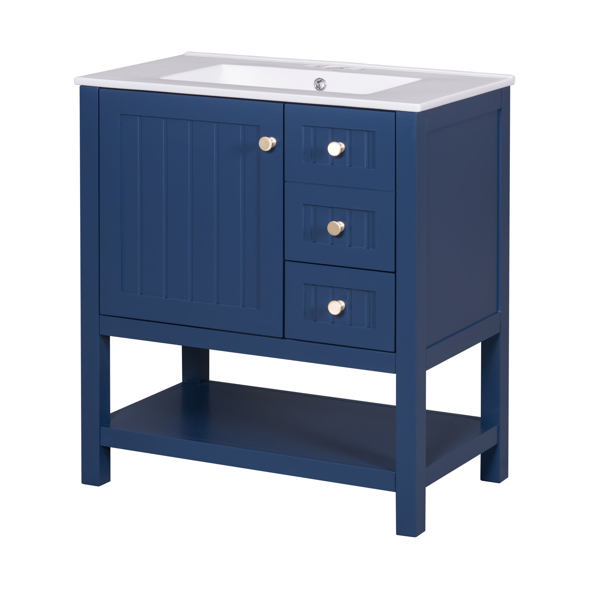 30Inch Transitional Style Bathroom Vanity Cabinet Combo With Ceramic Sink Blue Bathroom Solid Wood Mdf