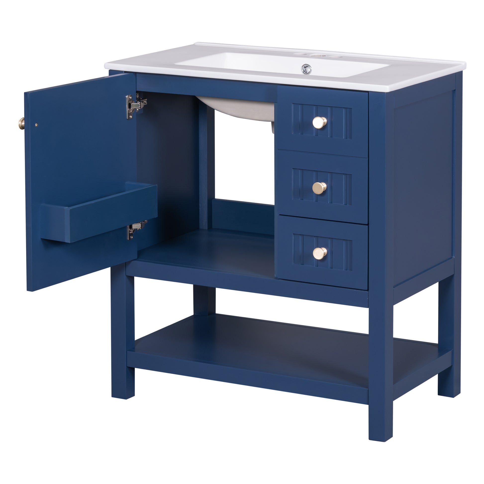 30Inch Transitional Style Bathroom Vanity Cabinet Combo With Ceramic Sink Blue Bathroom Solid Wood Mdf