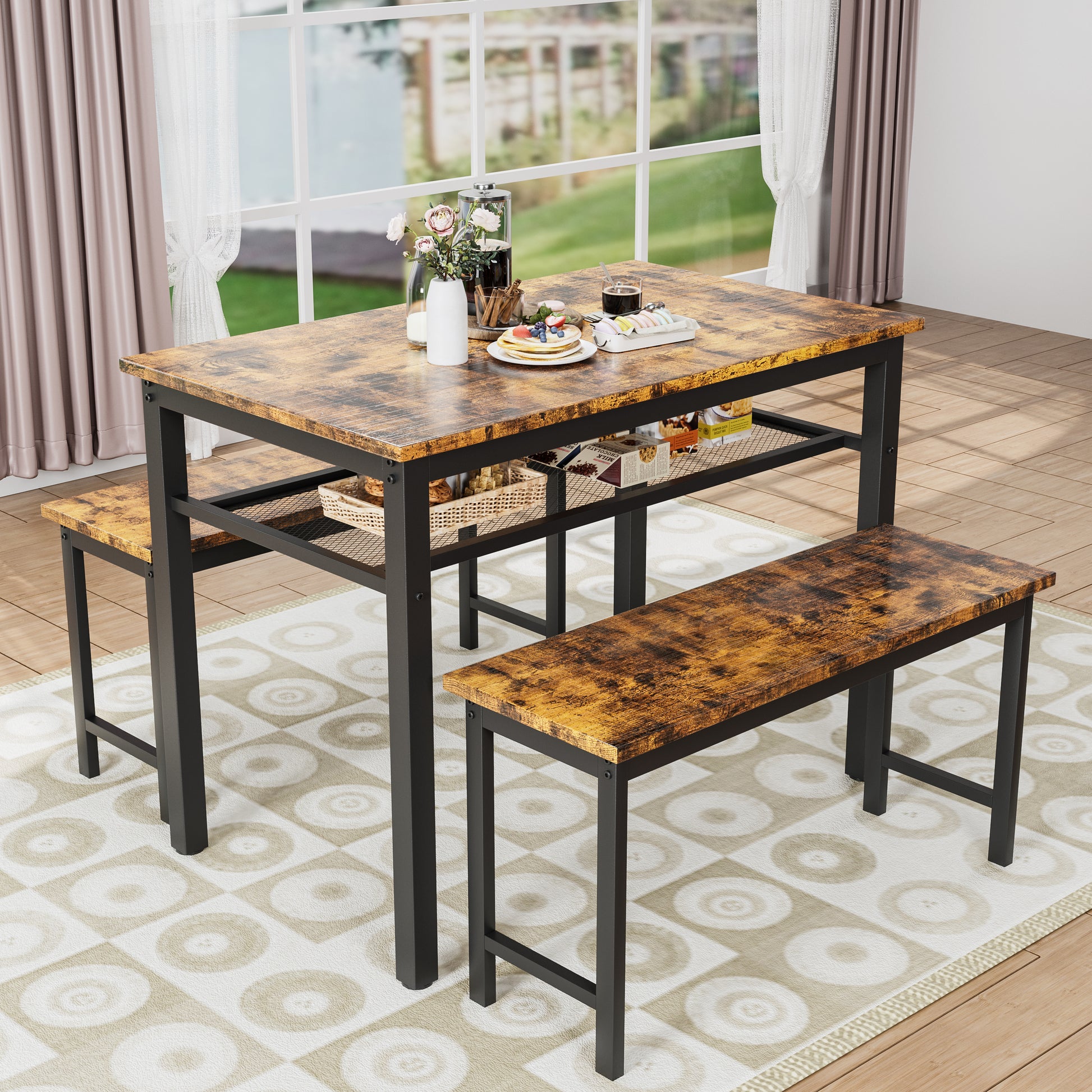 3 Pieces Farmhouse Kitchen Table Set With Two Benches, Metal Frame And Mdf Board Brown Mdf
