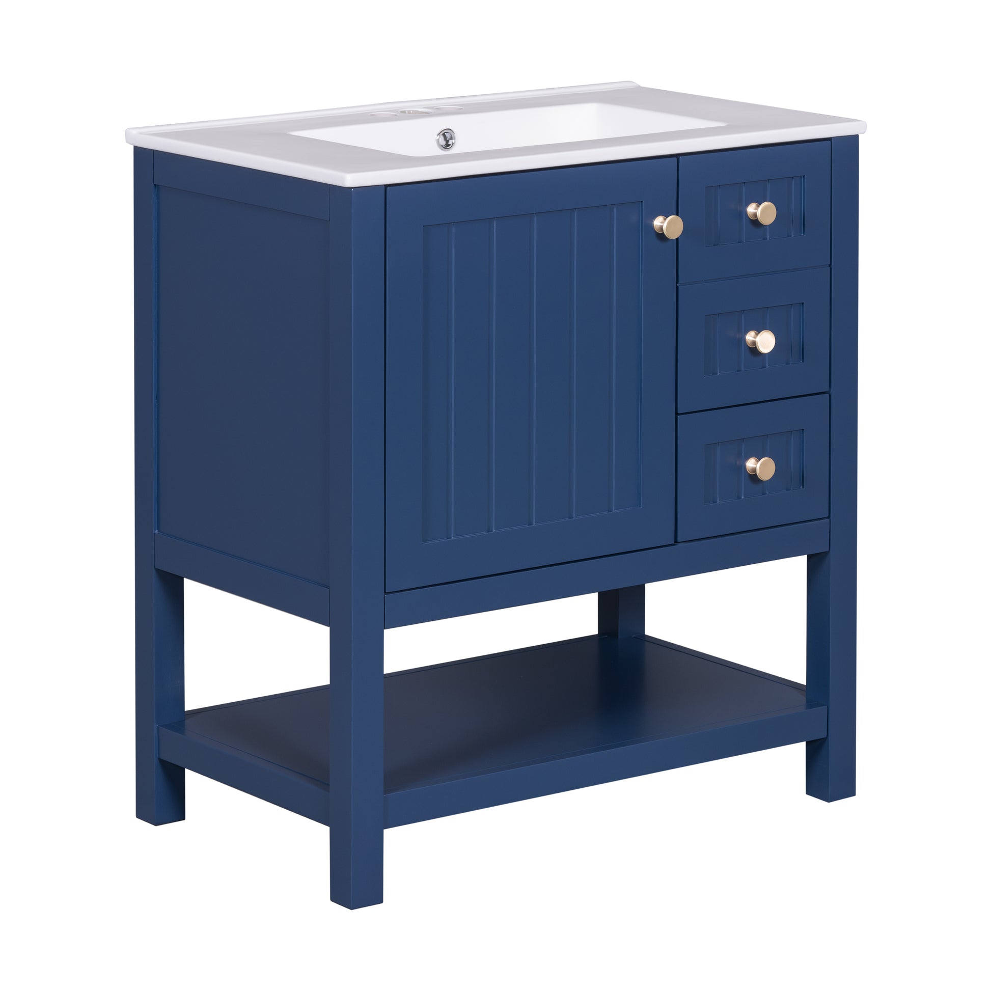 30Inch Transitional Style Bathroom Vanity Cabinet Combo With Ceramic Sink Blue Bathroom Solid Wood Mdf