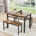 3 Pieces Farmhouse Kitchen Table Set With Two Benches, Metal Frame And Mdf Board Brown Mdf