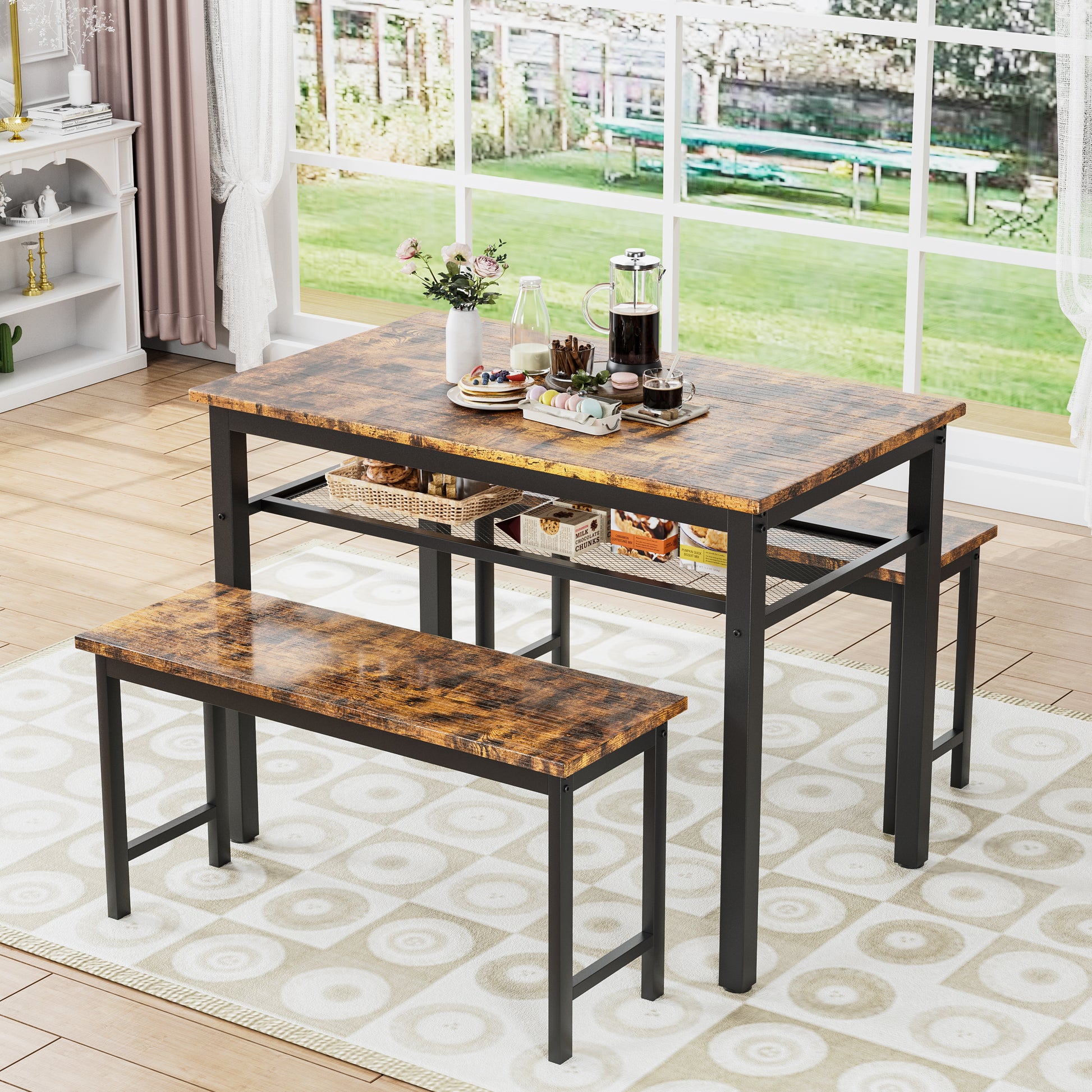 3 Pieces Farmhouse Kitchen Table Set With Two Benches, Metal Frame And Mdf Board Brown Mdf