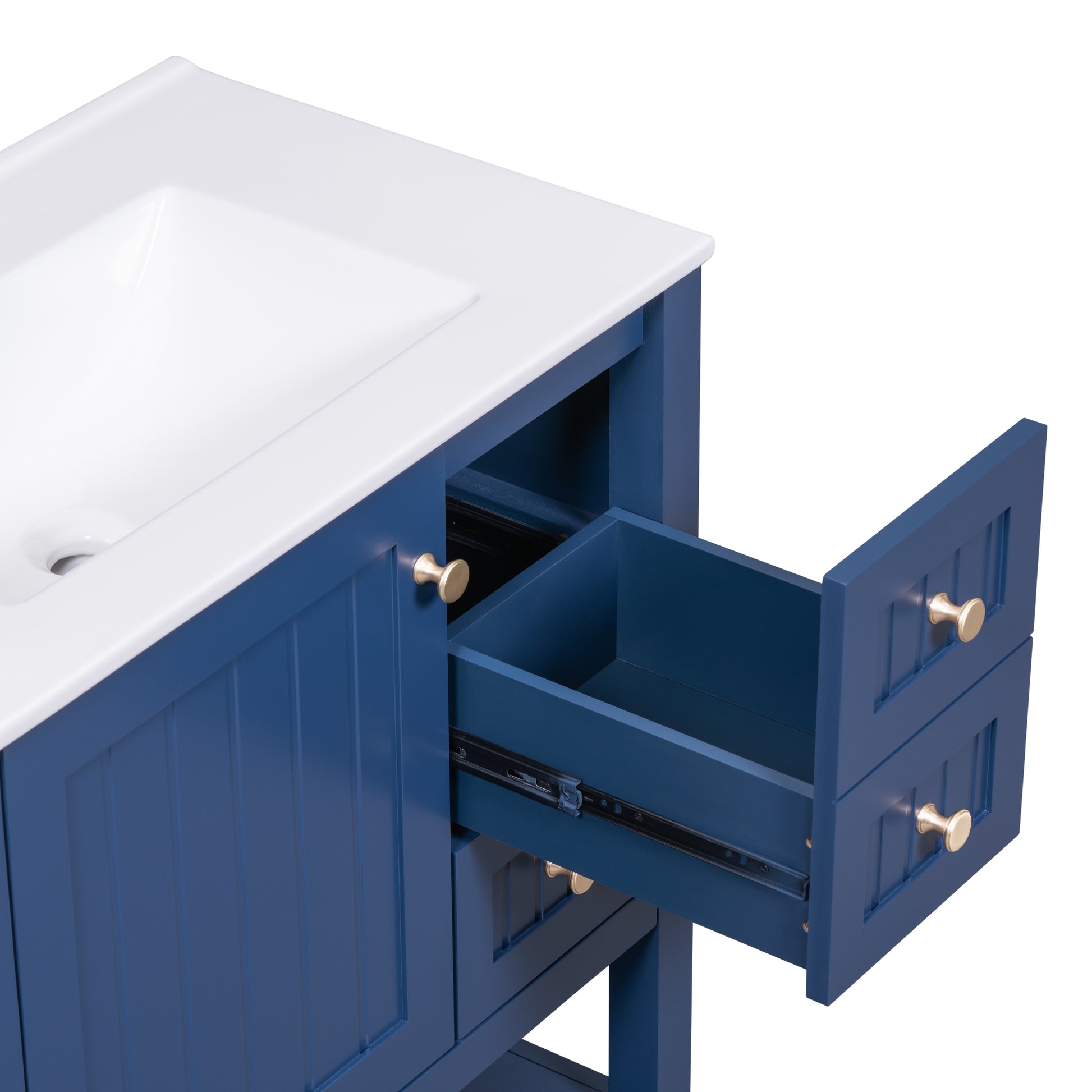 30Inch Transitional Style Bathroom Vanity Cabinet Combo With Ceramic Sink Blue Bathroom Solid Wood Mdf