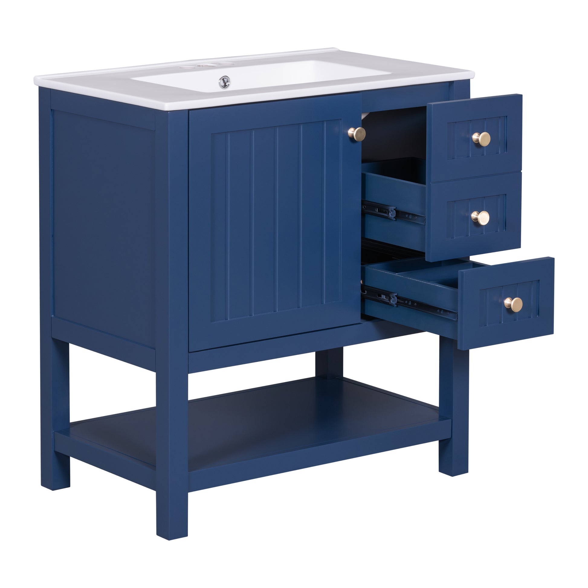 30Inch Transitional Style Bathroom Vanity Cabinet Combo With Ceramic Sink Blue Bathroom Solid Wood Mdf