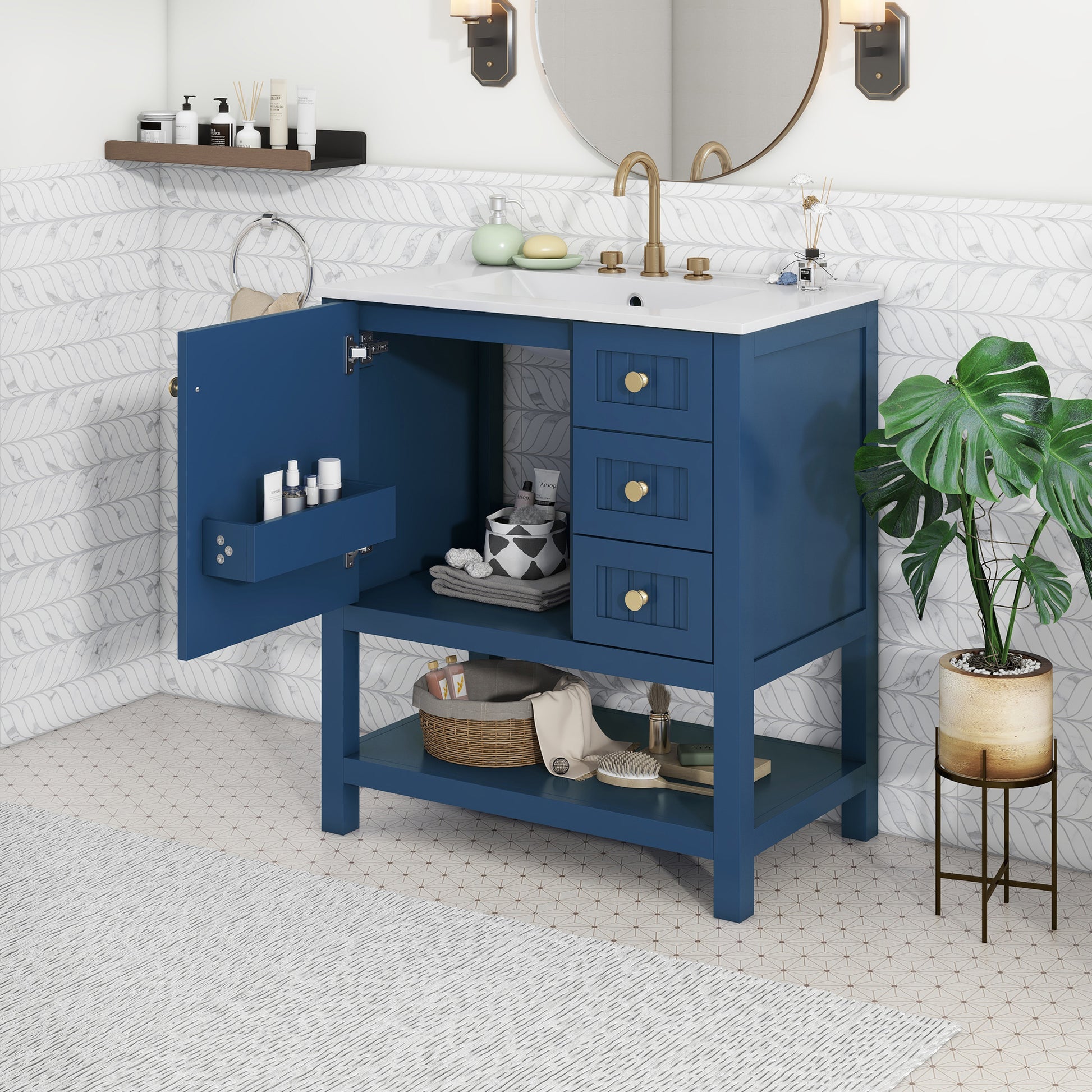 30Inch Transitional Style Bathroom Vanity Cabinet Combo With Ceramic Sink Blue Bathroom Solid Wood Mdf