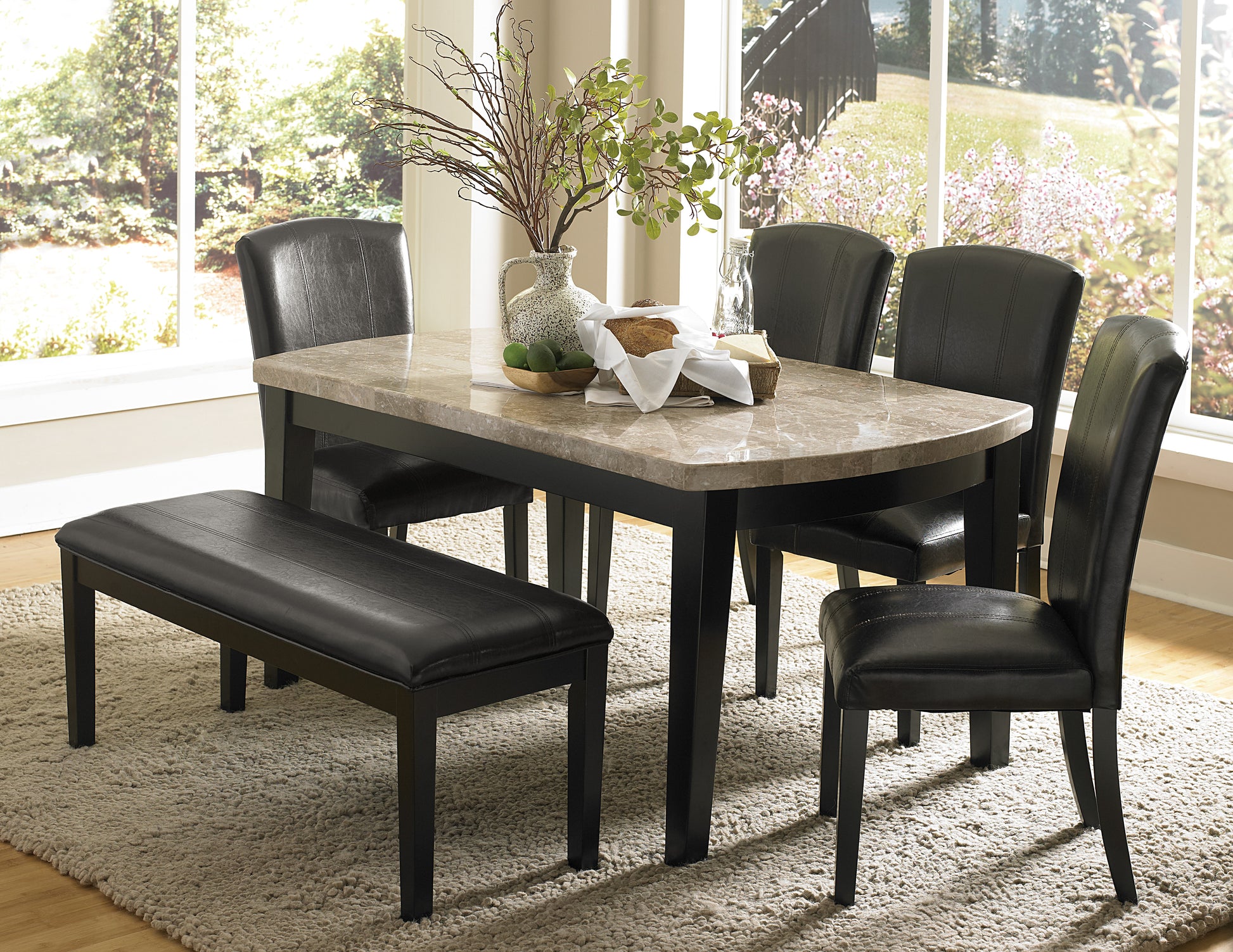 Dark Espresso Finish 6Pc Dining Set Genuine Marble Top Table With Bench 4 Chairs Faux Leather Upholstery Dining Kitchen Set Wooden Furniture Upholstered Chair Marble Espresso Seats 6 Wood Dining Room Contemporary 4 Leg Rectangular Dining Table With Chair