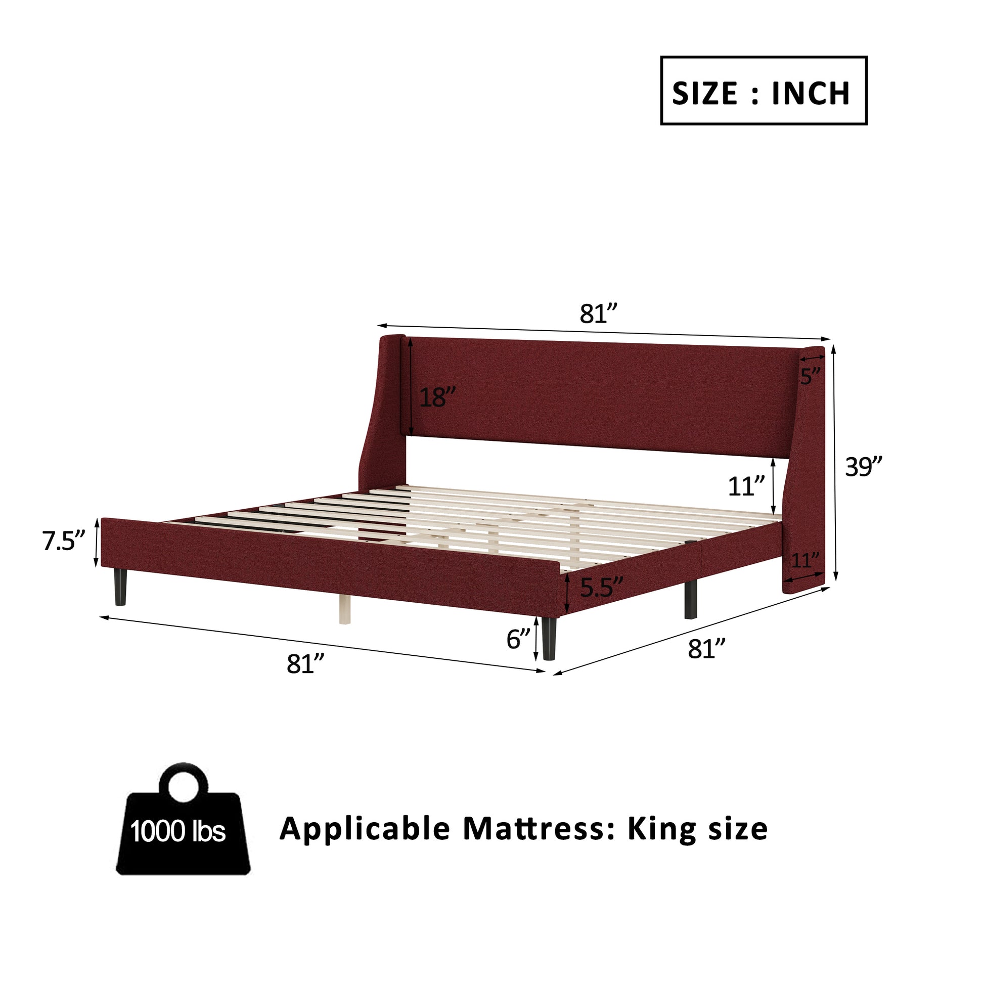 King Size Bed Frame Upholstered Bed Frame Platform ,Non Adjustable Headboard Linen Fabric Headboard Wooden Slats Support No Box Spring Needed Easy Assembly Mattress Foundation, Orange King Red Metal & Wood