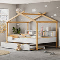 White Full Size Wooden House Bed With Original Wood Colored Frame Twin Size Trundle And Bookshelf Storage Space For Children Or Guest Room Full White Wood