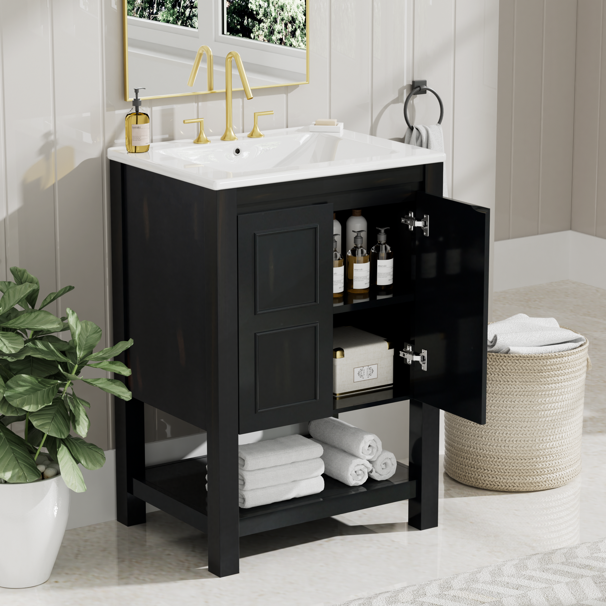 24X18.3X34.7 Inches Compact Vintage Style Bathroom Vanity Cabinet And Ceramic Sink Combo With Open Shelf 2 Soft Close Doors Espresso Bathroom Solid Wood Mdf