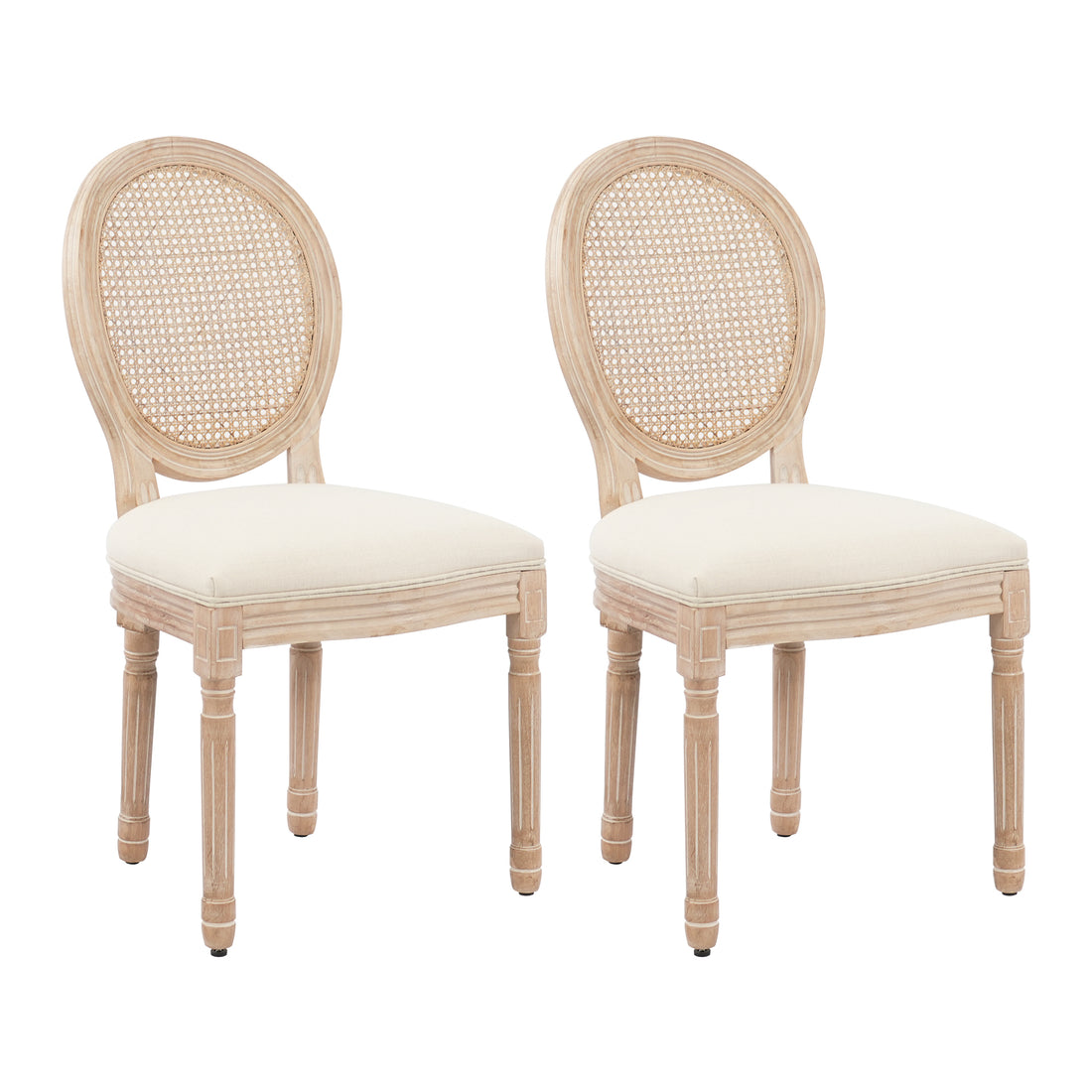 Hengming Upholstered Fabrice With Rattan Back French Dining Chair With Rubber Legs,Set Of 2,Beige Beige Rattan