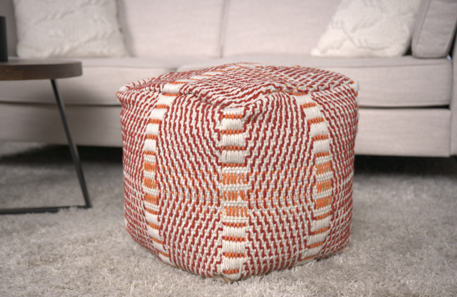 Morro Bay Handcrafted Water Resistant Pouf, Orange And Red Multi Red Waterproof Fabric