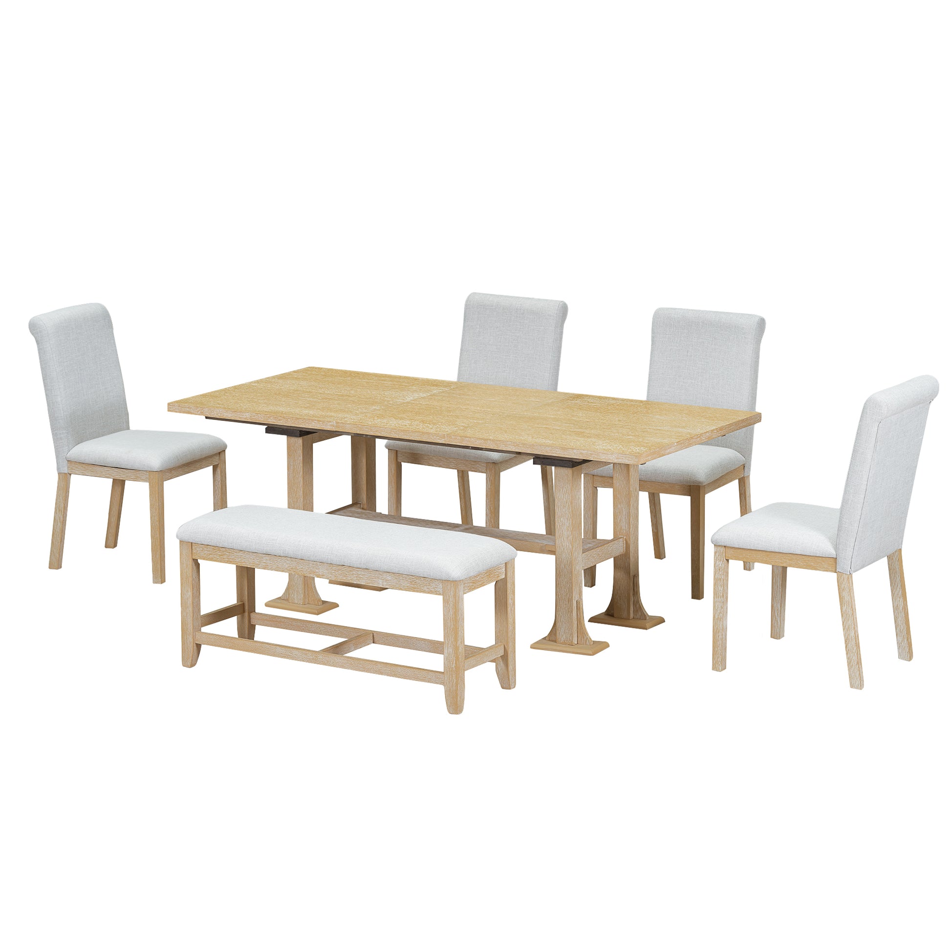 Farmhouse 76Inch 6 Piece Extendable Dining Table Set Trestle Kitchen Table Set With 18Inch Removable Leaf And Upholstered Dining Chair And Bench For Dining Room, Natural Wood Dining Room Extendable Rubberwood Rectangular Dining Table With Chair And Bench