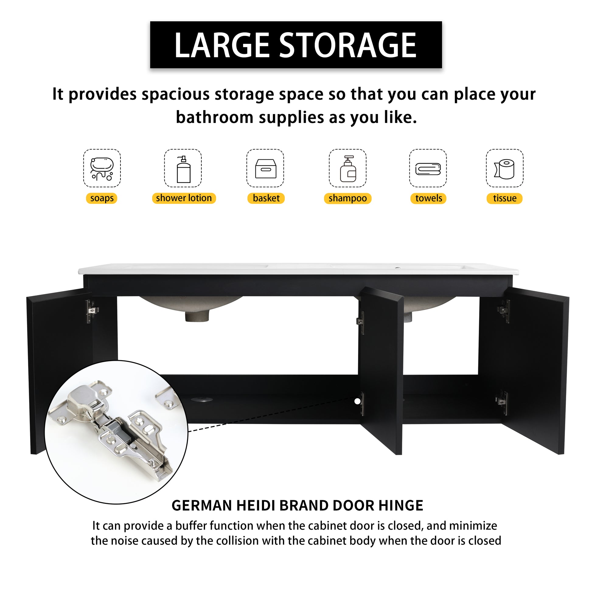 48'' Floating Wall Mounted Bathroom Vanity & Soft Close Cabinet Door, Kd Package Black 3 Adjustable Hinges Bathroom Wall Mounted Modern Plywood