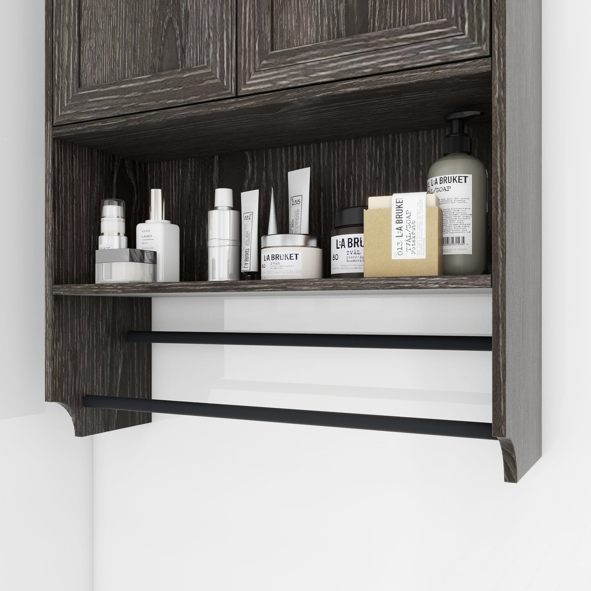 Bathroom Wall Cabinet With Doors,Adjustable Shelf,Towel Bar And Paper Holder, Over The Toilet Storage Cabinet, Medicine Cabinet For Bathroom Grey Grey Wood Metal