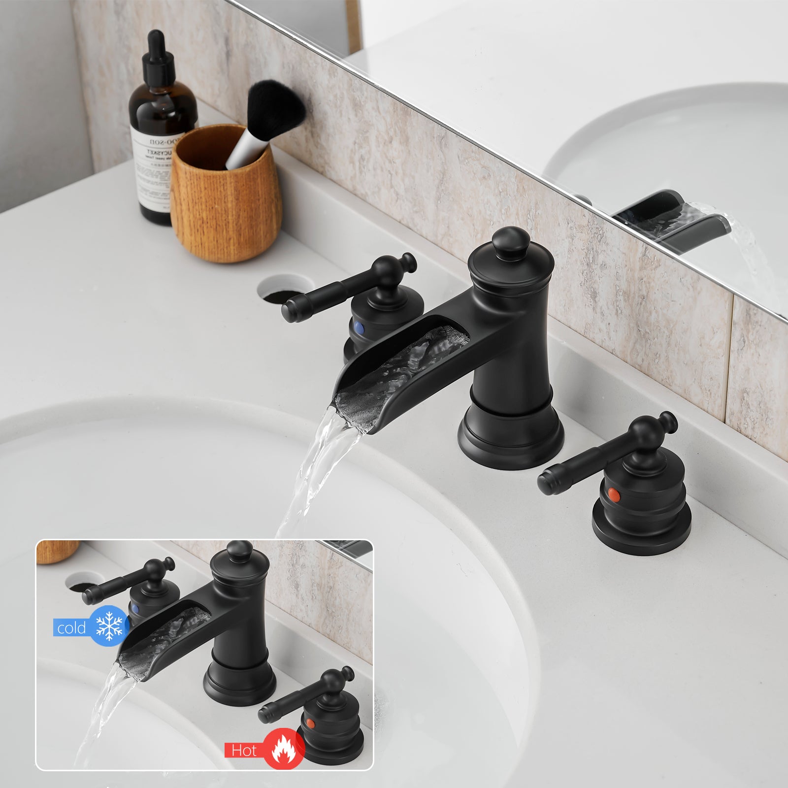 Bathroom Faucets For Sink 3 Hole Black 8 Inch Widespread Bathroom Sink Faucet With Pop Up Drain Double Lever Handle Faucet Bathroom Vanity Faucet Basin Mixer Tap Faucet With Hose Bathroom Joystick Geometric Two Black Side Sprayer Deck Mounted Cartridge