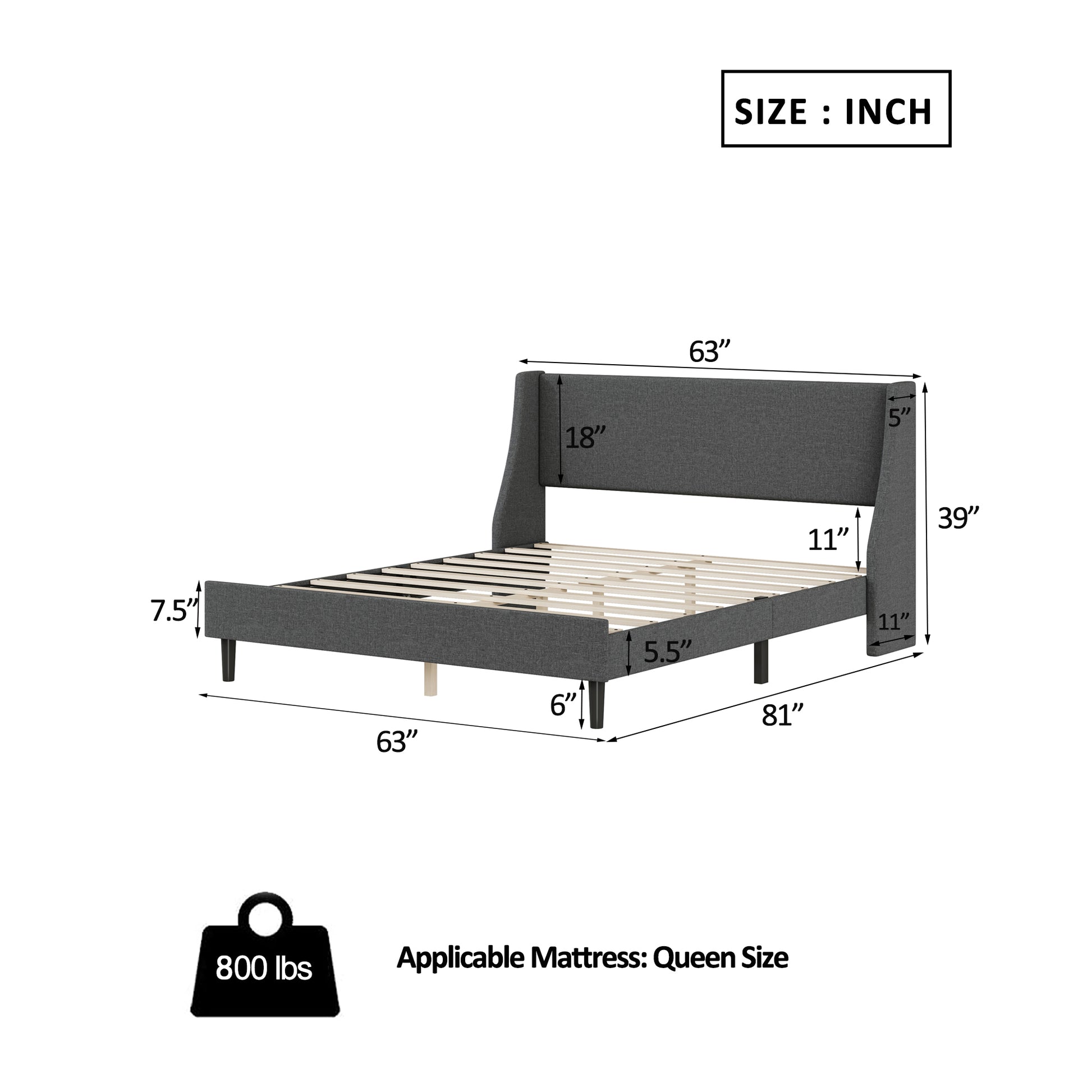 Queen Size Bed Frame Upholstered Bed Frame Platform ,Non Adjustable Headboard Linen Fabric Headboard Wooden Slats Support No Box Spring Needed Easy Assembly Mattress Foundation, Light Gray Queen Dark Gray Metal & Wood
